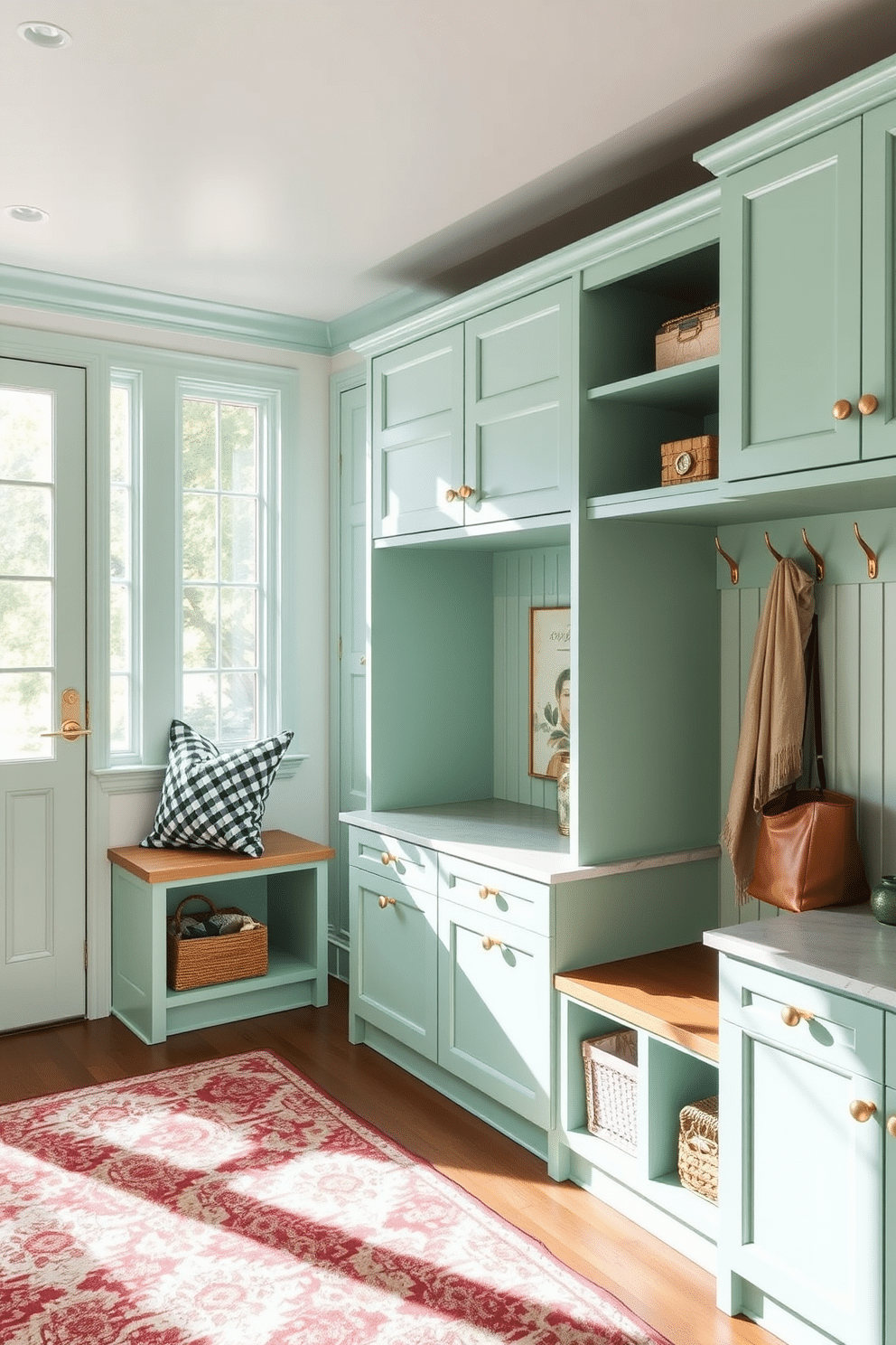 Bright mint green cabinetry with brass accents creates a fresh and inviting atmosphere. The space features a spacious mudroom with built-in storage solutions, including benches and hooks for organization. Natural light floods the room through large windows, highlighting the vibrant cabinetry. A stylish area rug adds warmth and texture to the floor, complementing the overall design.