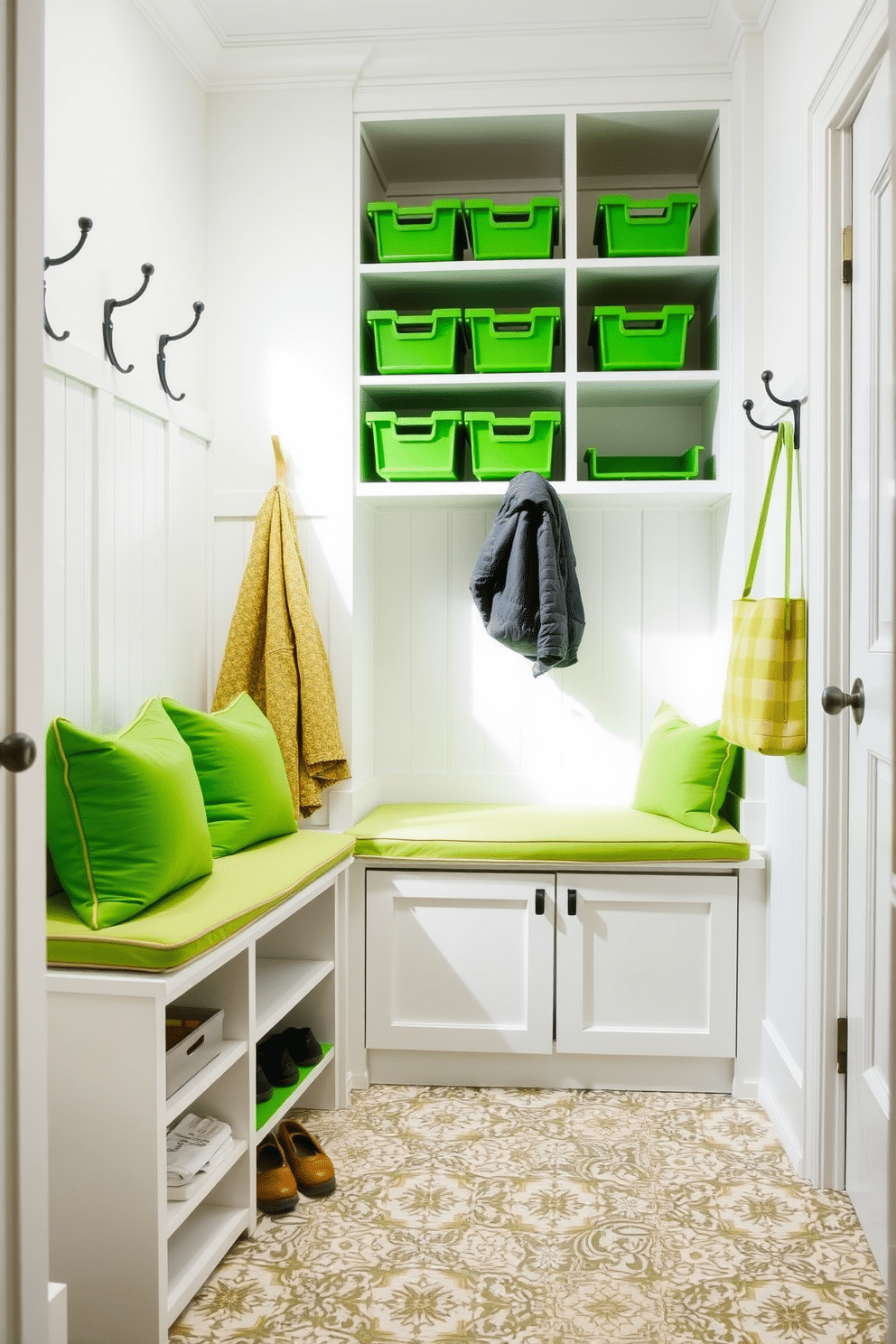 A bright and inviting mudroom features vibrant green storage bins neatly arranged on open shelving, providing a pop of color and functional organization. The walls are painted a soft white to enhance the brightness, while a durable, patterned floor tile adds texture and interest to the space. Incorporating a built-in bench with soft cushions in a coordinating green hue creates a cozy spot for putting on shoes. Stylish hooks line the wall above the bench, perfect for hanging jackets and bags, keeping the area tidy and welcoming.