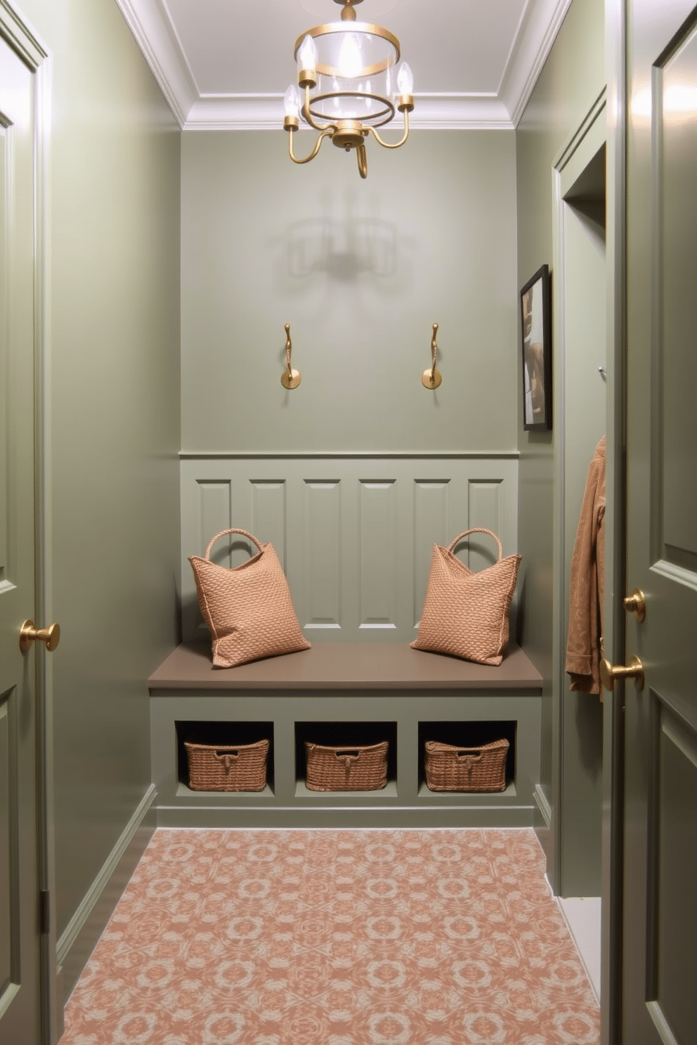 A stylish mudroom featuring muted green walls that create a calming atmosphere. Gold fixtures, including hooks and a stylish light fixture, add a touch of elegance and warmth to the space. The floor is adorned with a durable, patterned tile that complements the muted green paint. A built-in bench with storage underneath provides functionality, while decorative baskets in natural materials enhance the overall aesthetic.