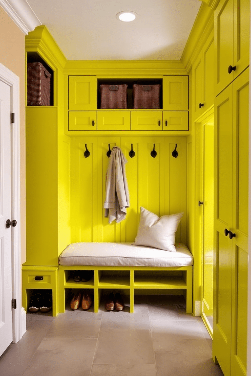 A vibrant chartreuse cabinetry creates a striking focal point in the mudroom, harmonizing beautifully with neutral tones throughout the space. The walls are painted in a soft beige, while the floor features a light gray tile, providing a calm backdrop for the bold cabinetry. Functional hooks and cubbies are integrated into the design, offering ample storage for coats and shoes. A cozy bench with plush cushions invites relaxation, enhancing the overall warmth of this welcoming mudroom.