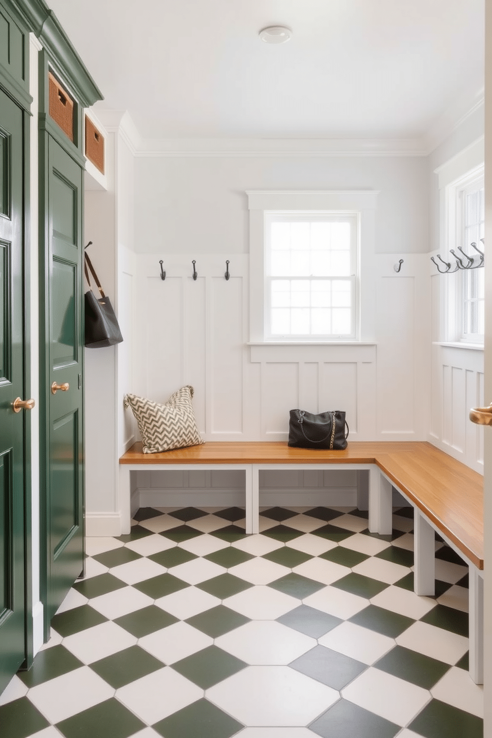 A stylish mudroom features a green and white checkerboard floor that adds a playful yet sophisticated touch. The walls are painted in a soft, neutral tone, complemented by built-in wooden storage benches and hooks for coats and bags.