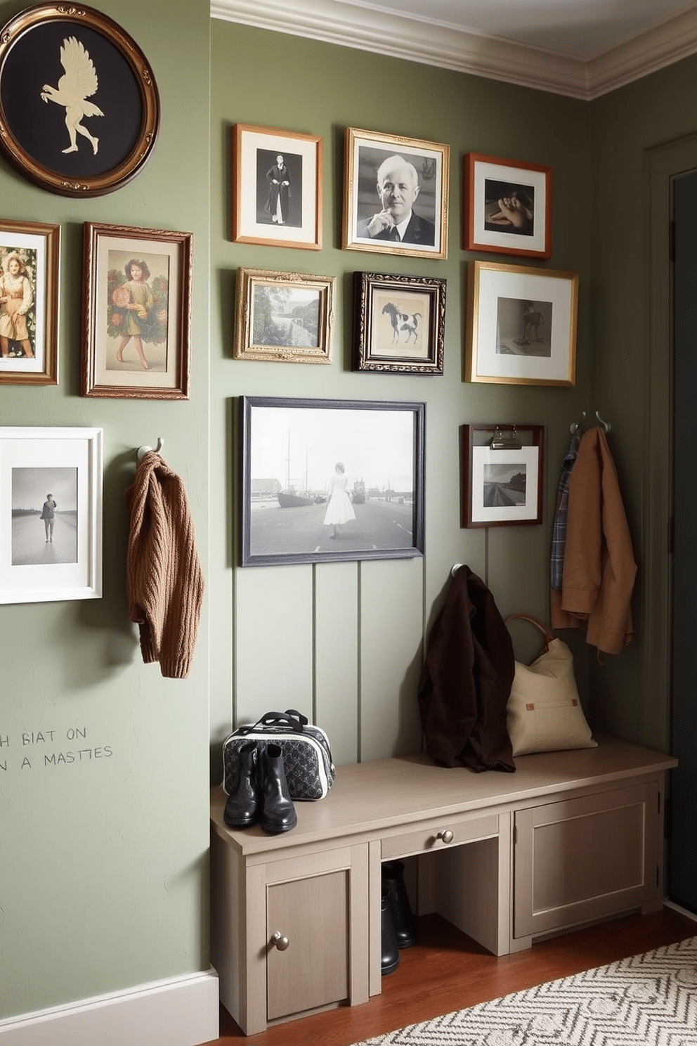 Soft moss green walls create a serene backdrop, adorned with various pieces of artwork that add character and warmth to the space. The mudroom features built-in storage benches and hooks, seamlessly blending functionality with aesthetic appeal.