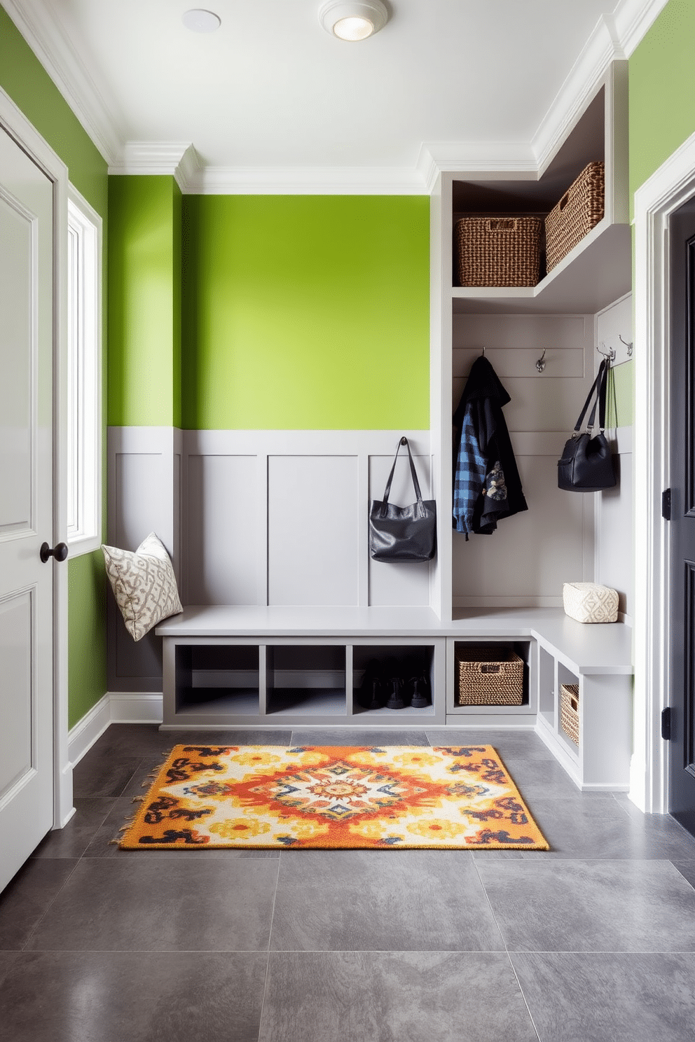 A modern mudroom features a green and gray color-blocked wall design that adds a fresh and contemporary touch. The floor is adorned with large gray tiles, providing a sleek contrast to the vibrant walls. Functional storage solutions are integrated into the design, with a built-in bench and hooks for coats and bags. A decorative rug in complementary colors adds warmth and texture to the space, making it both stylish and practical.