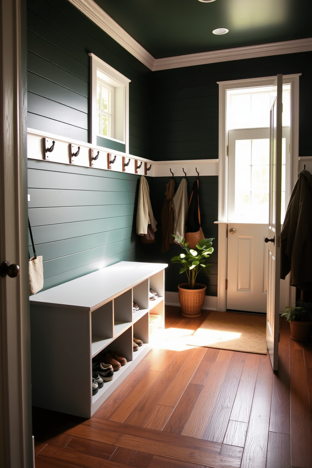 Dark green shiplap walls create a cozy and inviting atmosphere, complemented by crisp white trim that adds a touch of elegance. The mudroom features a built-in bench with storage cubbies above, perfect for organizing shoes and outdoor gear. Natural light floods the space through a large window, illuminating a rustic wooden floor that enhances the earthy feel. Decorative hooks line the walls, providing a stylish solution for hanging coats and bags, while potted plants add a refreshing touch of greenery.