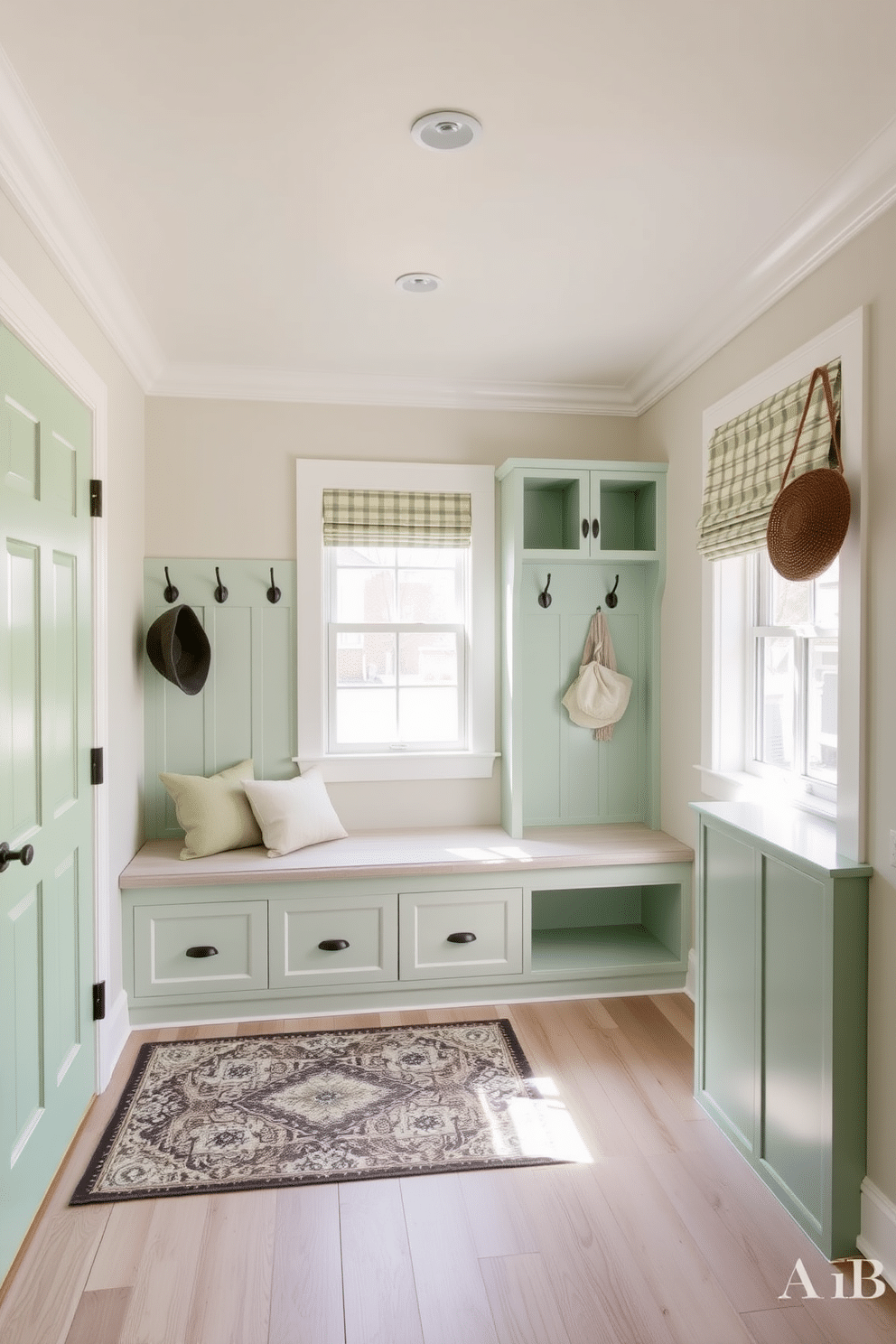 A modern mudroom featuring pastel green accents. The space includes a built-in bench with soft cushions, complemented by pastel green wall hooks and storage cubbies. Natural light floods the room through a large window, highlighting the light wood flooring. A decorative rug with subtle patterns adds warmth and texture to the space.