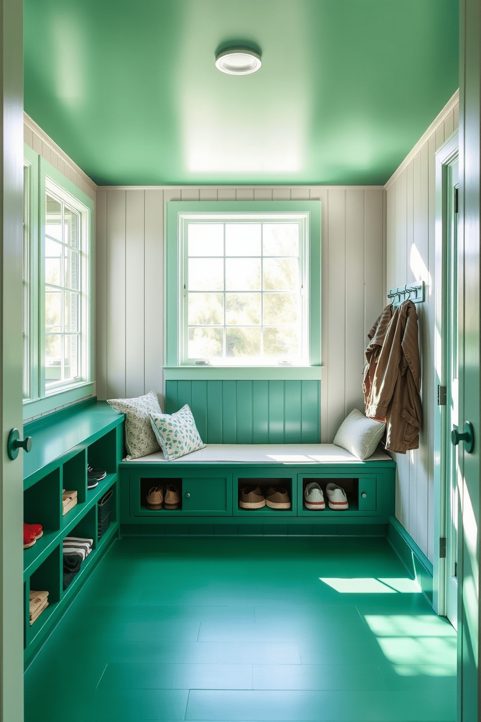 A rich jade green mudroom filled with natural light, featuring a spacious bench with plush cushions and built-in storage for shoes and bags. The walls are adorned with light wood paneling, and large windows allow sunlight to filter in, enhancing the vibrant color scheme.