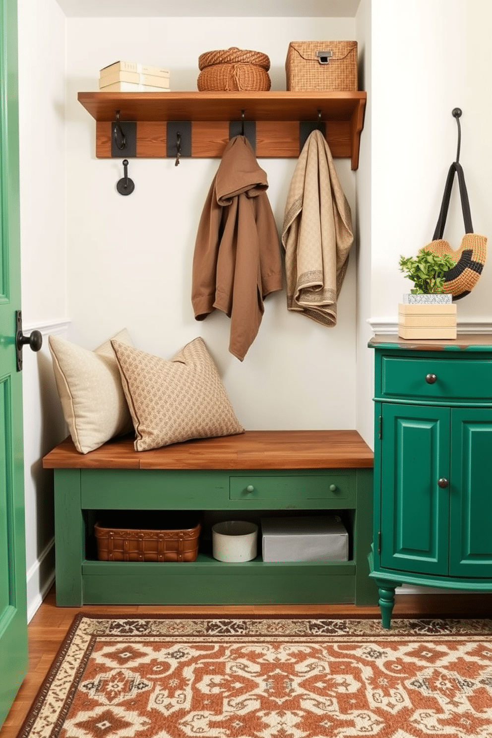 A stylish mudroom featuring vintage green furniture complemented by modern accents. The space includes a rustic wooden bench, adorned with plush cushions, and sleek metal hooks for coats. The walls are painted in a soft cream color, enhancing the vintage charm. A patterned rug lies underfoot, adding warmth and texture to the modern design elements.