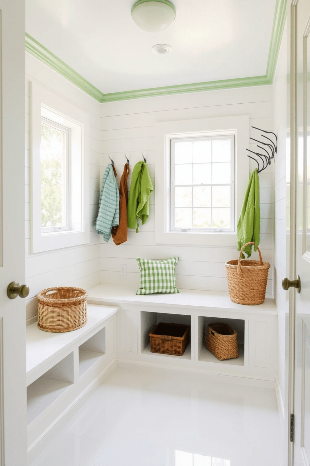 Crisp green and white color scheme. The mudroom features a built-in bench with storage underneath, surrounded by crisp white shiplap walls and vibrant green accents. Natural light floods the space through a large window, highlighting the glossy white tile flooring. A series of hooks line the wall for coats and bags, while a woven basket adds texture and organization.