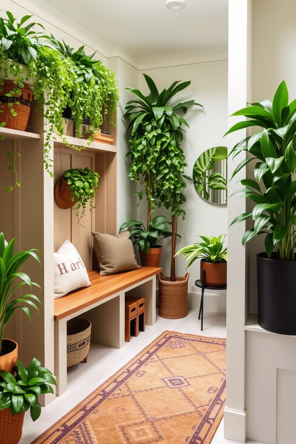 Vibrant green plants are strategically placed throughout the mudroom, bringing a refreshing touch of nature indoors. The walls are painted in a soft, neutral tone, allowing the lush greenery to stand out and create a vibrant atmosphere. The mudroom features a combination of built-in benches and open shelving, providing ample storage and seating. A stylish area rug with earthy tones ties the space together, complementing the green plants and enhancing the overall design.