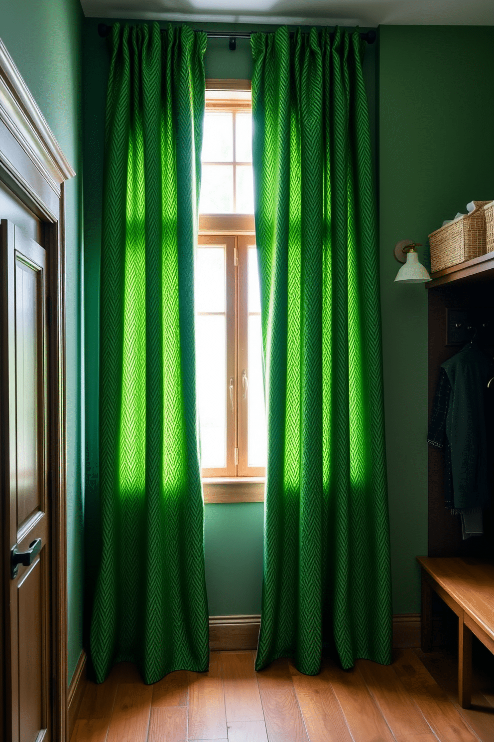 Lush green curtains drape elegantly from a wide window, filtering soft natural light into the space. The fabric has a rich texture, complementing the warm wooden accents throughout the room. The mudroom features a spacious layout with built-in storage benches and hooks for coats. The walls are painted in a soothing green hue, creating a welcoming atmosphere that blends functionality with style.