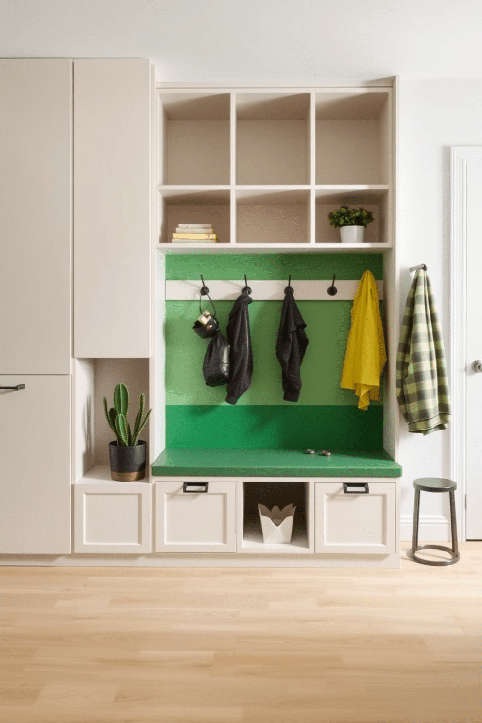 A minimalist mudroom featuring cactus green accents, with sleek cabinetry and open shelving for storage. The walls are painted in a soft neutral tone, while a vibrant cactus green bench provides a pop of color against the backdrop. The flooring is a light wood, creating warmth and contrast with the modern aesthetic. Decorative elements include potted plants and simple hooks for coats, enhancing the functional yet stylish design.