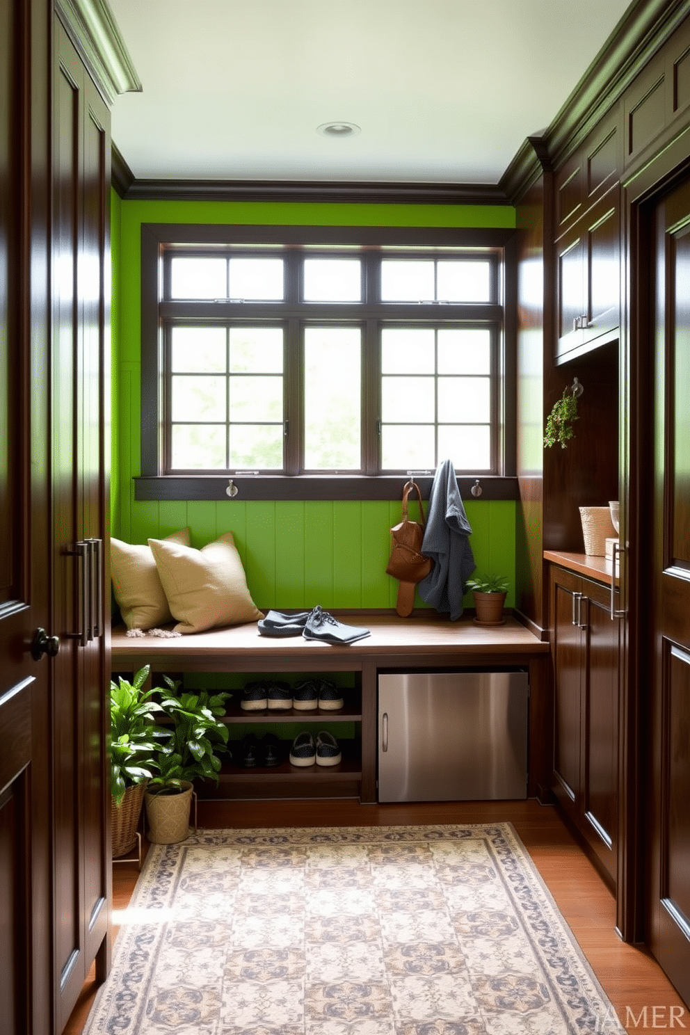 A bright apple green accent wall creates a vibrant contrast against dark wood cabinetry in the mudroom. The space features a built-in bench with plush cushions, complemented by hooks for coats and a sleek storage unit below. Natural light floods the room through a large window, highlighting the rich textures of the wood and the fresh green tones. A patterned rug adds warmth underfoot, while potted plants bring a touch of nature indoors.