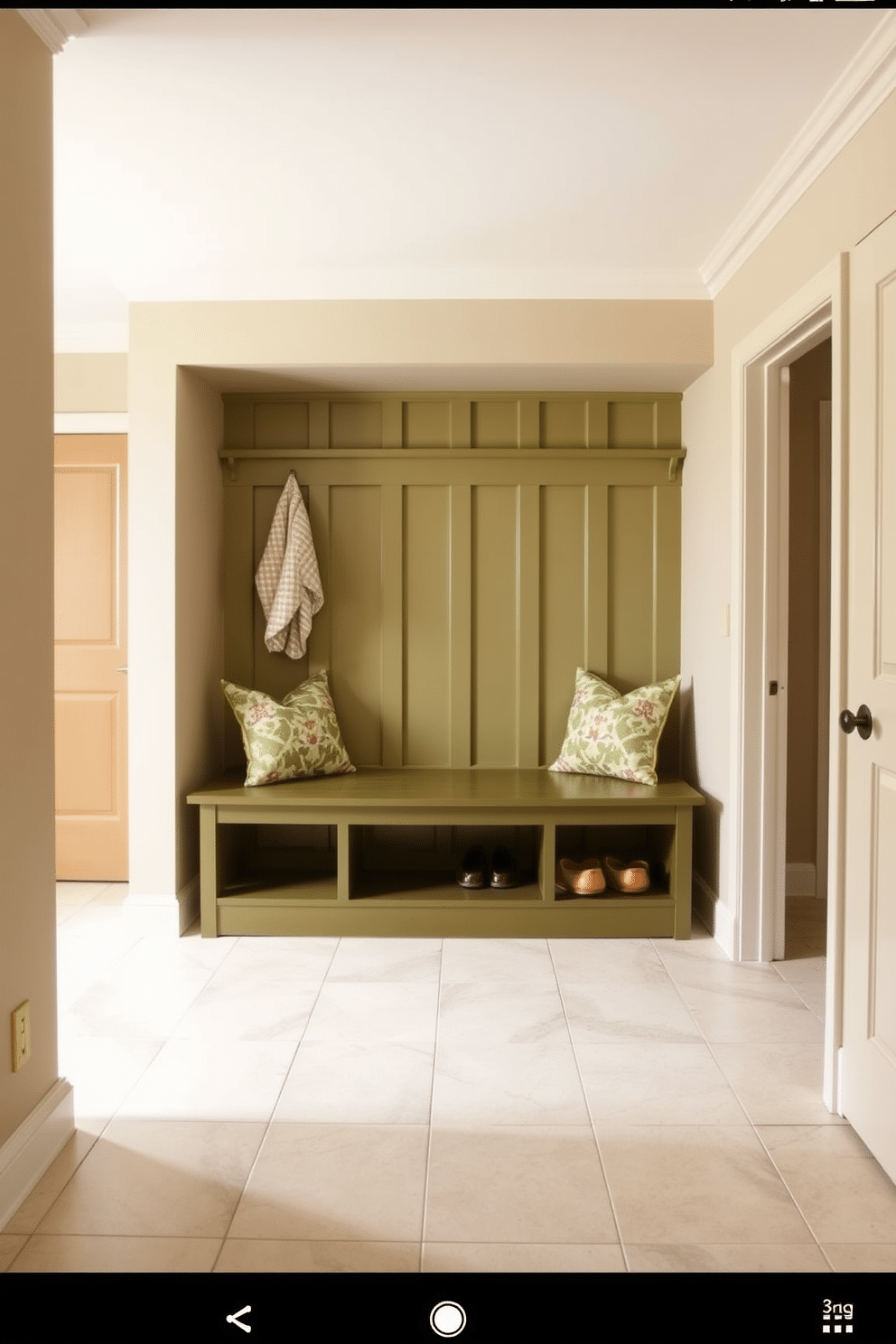 A chic mudroom featuring an olive green bench adorned with patterned cushions that add a pop of color and comfort. The walls are painted a soft beige, and the floor is tiled with large, light-colored ceramic tiles for a clean and inviting look.