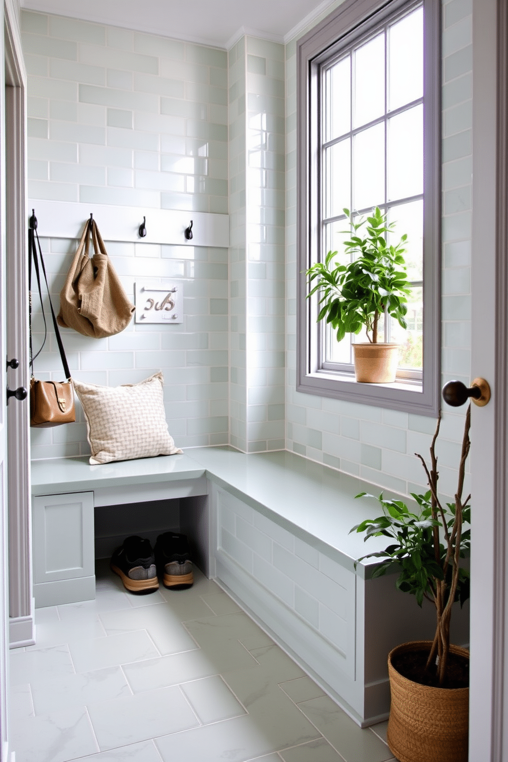 A light sage green mudroom features beautifully arranged tiles that create a fresh and inviting atmosphere. The space is accentuated by a built-in bench with soft cushions, perfect for putting on shoes, and hooks above for hanging coats and bags. Natural light floods in through a large window, highlighting the subtle variations in the tile color. Potted plants are placed strategically to enhance the fresh feel, adding a touch of nature to the design.