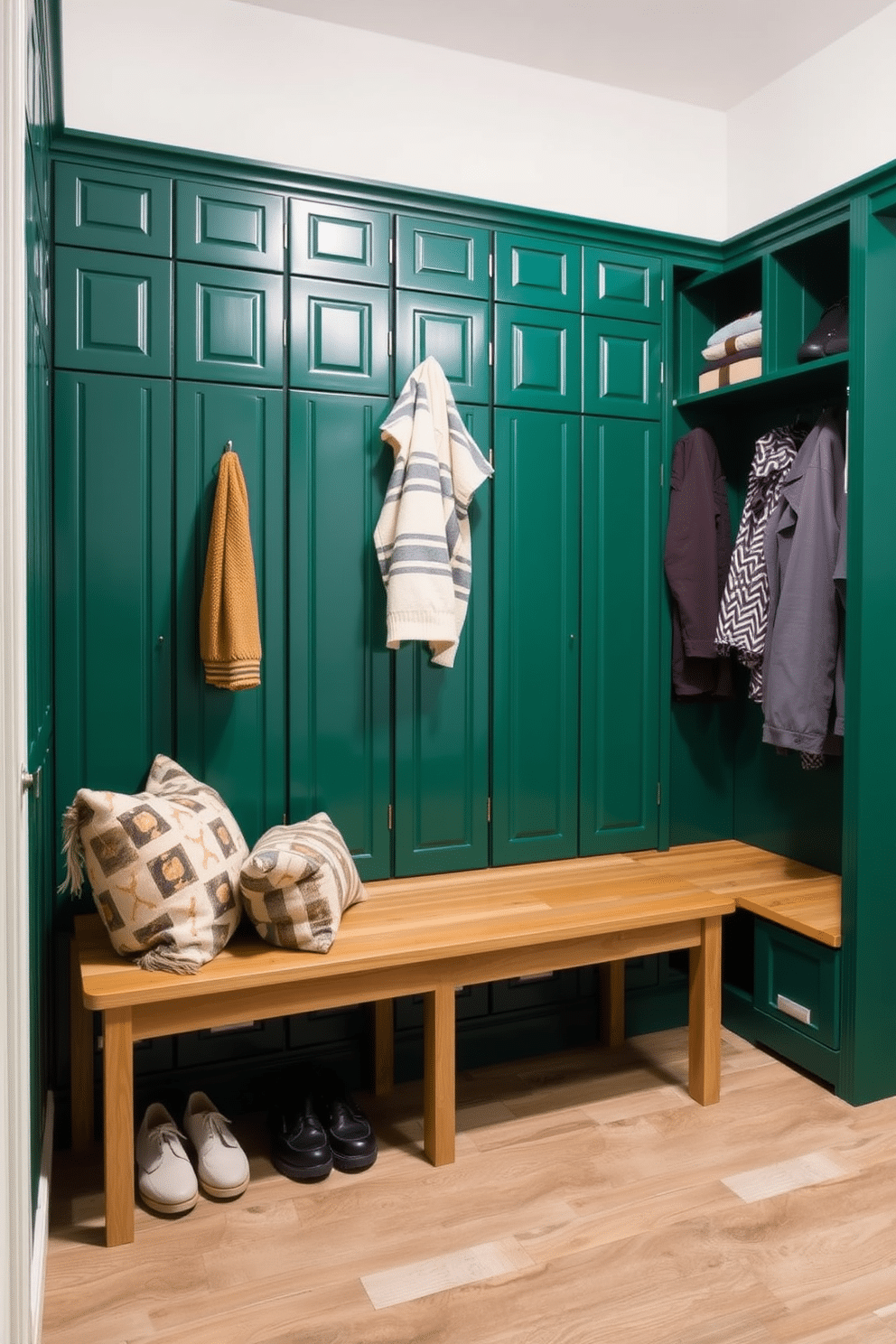 A stylish mudroom featuring emerald green lockers lined against the wall, providing ample storage for coats and shoes. In front of the lockers, a natural wood bench invites comfort and functionality, with decorative pillows adding a cozy touch.