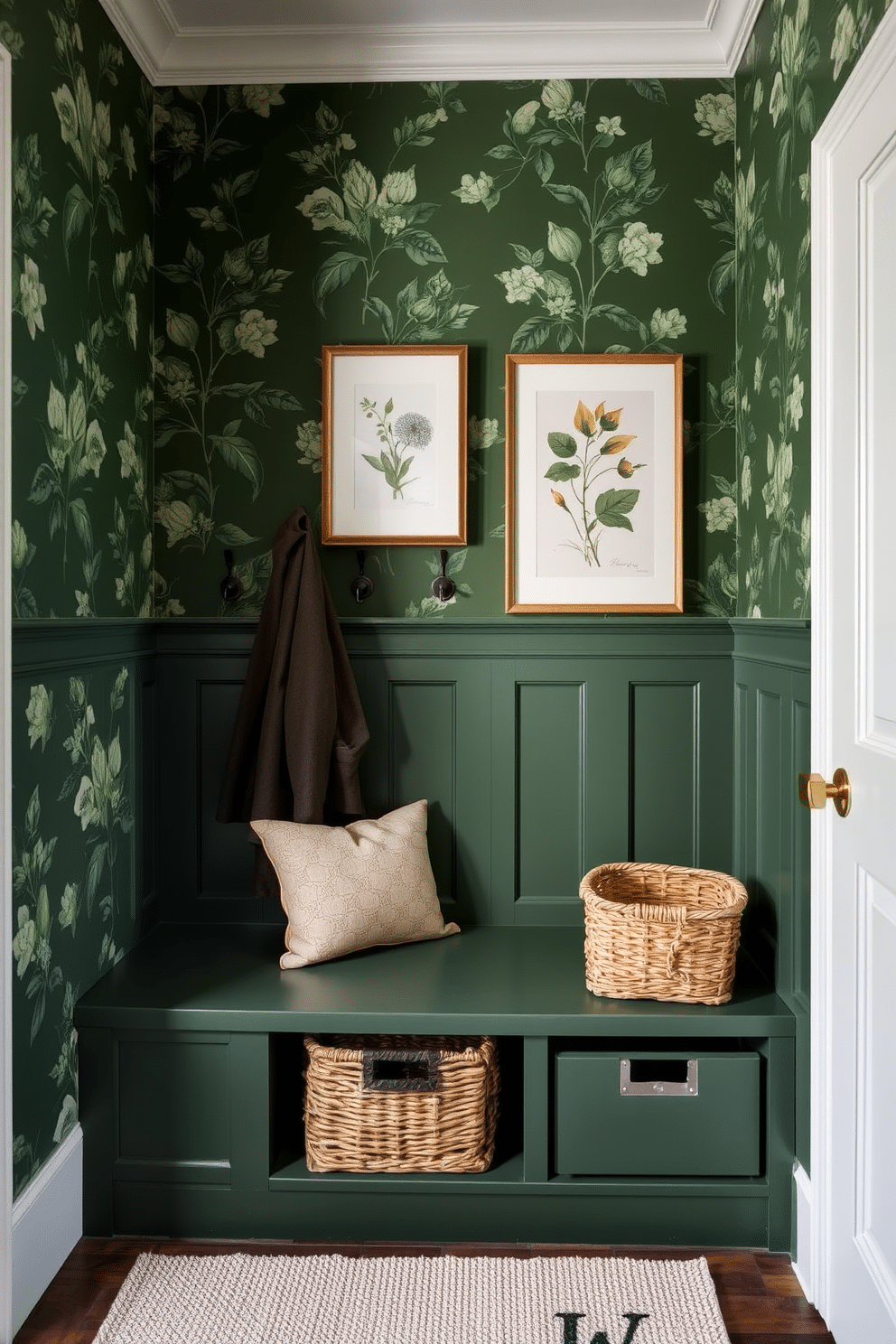 A cozy mudroom features forest green wallpaper adorned with elegant botanical prints, creating a refreshing and inviting atmosphere. The space includes a built-in bench with soft cushions, surrounded by hooks for coats and baskets for storage, all harmonizing with the rich green tones.