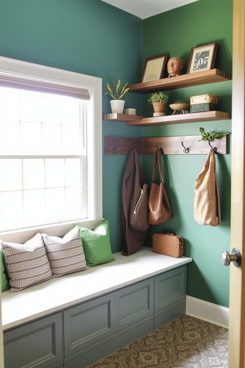 Teal accent wall adorned with rustic decor, featuring reclaimed wood shelves holding potted plants and vintage knick-knacks. A cozy bench with textured cushions sits below a large window, allowing natural light to illuminate the space. Green mudroom design ideas include a built-in storage bench with hooks above for coats and bags, all framed by a vibrant green wall. The floor is covered with durable, patterned tiles that add a touch of charm while being easy to clean.