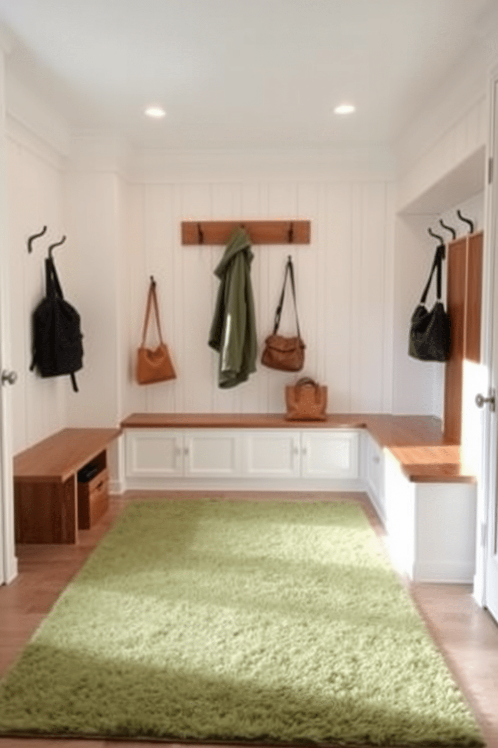 A cozy mudroom featuring a soft green area rug that adds warmth and comfort to the space. The walls are painted in a light, neutral tone, complemented by built-in wooden storage benches and hooks for coats and bags.