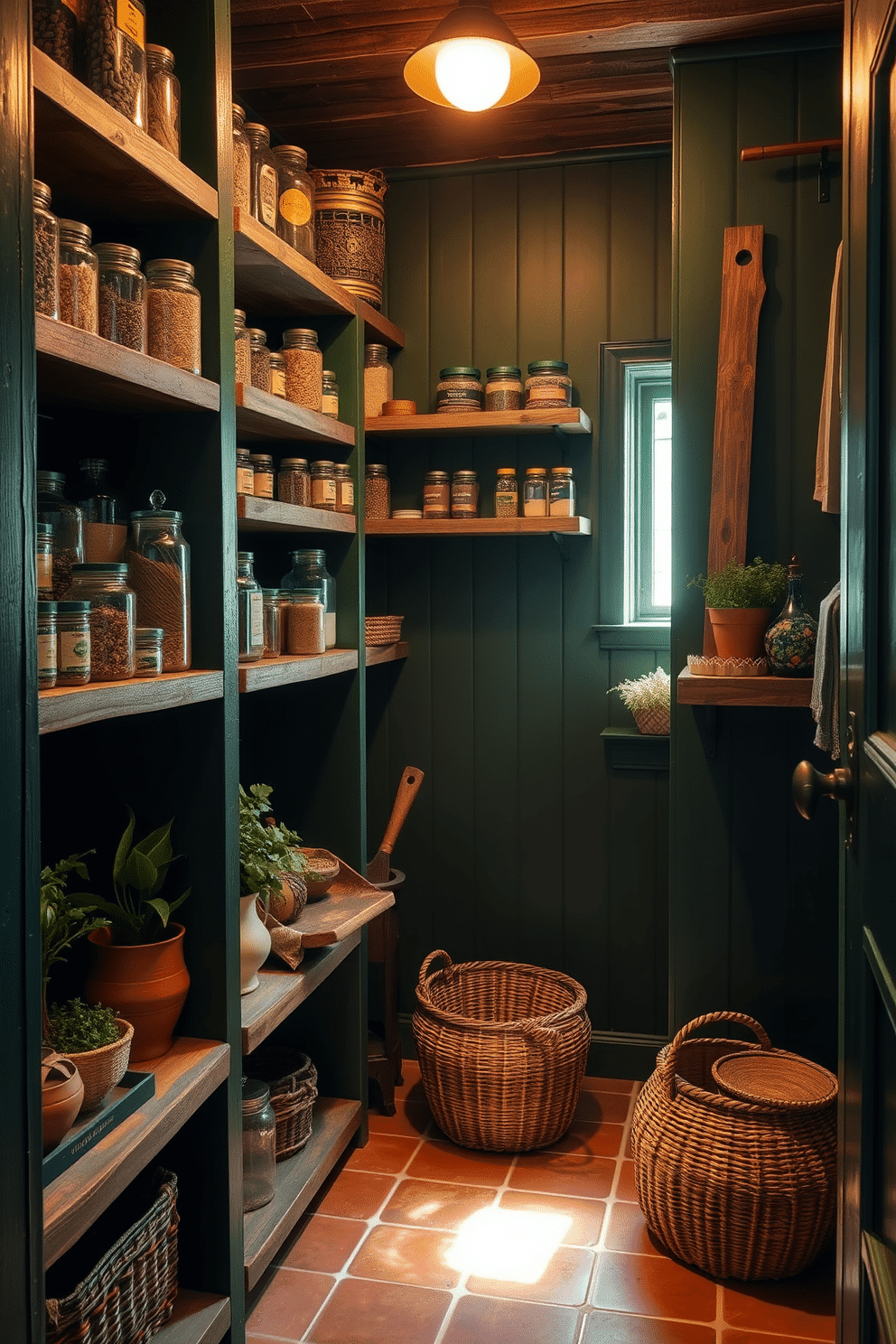 A rustic green pantry features open shelving made from reclaimed wood, showcasing a variety of jars filled with grains, spices, and dried herbs. The walls are painted in a deep forest green, complemented by warm, natural light streaming in through a small window, highlighting the organic textures of the space. The floor is adorned with terracotta tiles, adding an earthy warmth to the overall design. Decorative elements like potted herbs and woven baskets create a cozy, inviting atmosphere perfect for any culinary enthusiast.