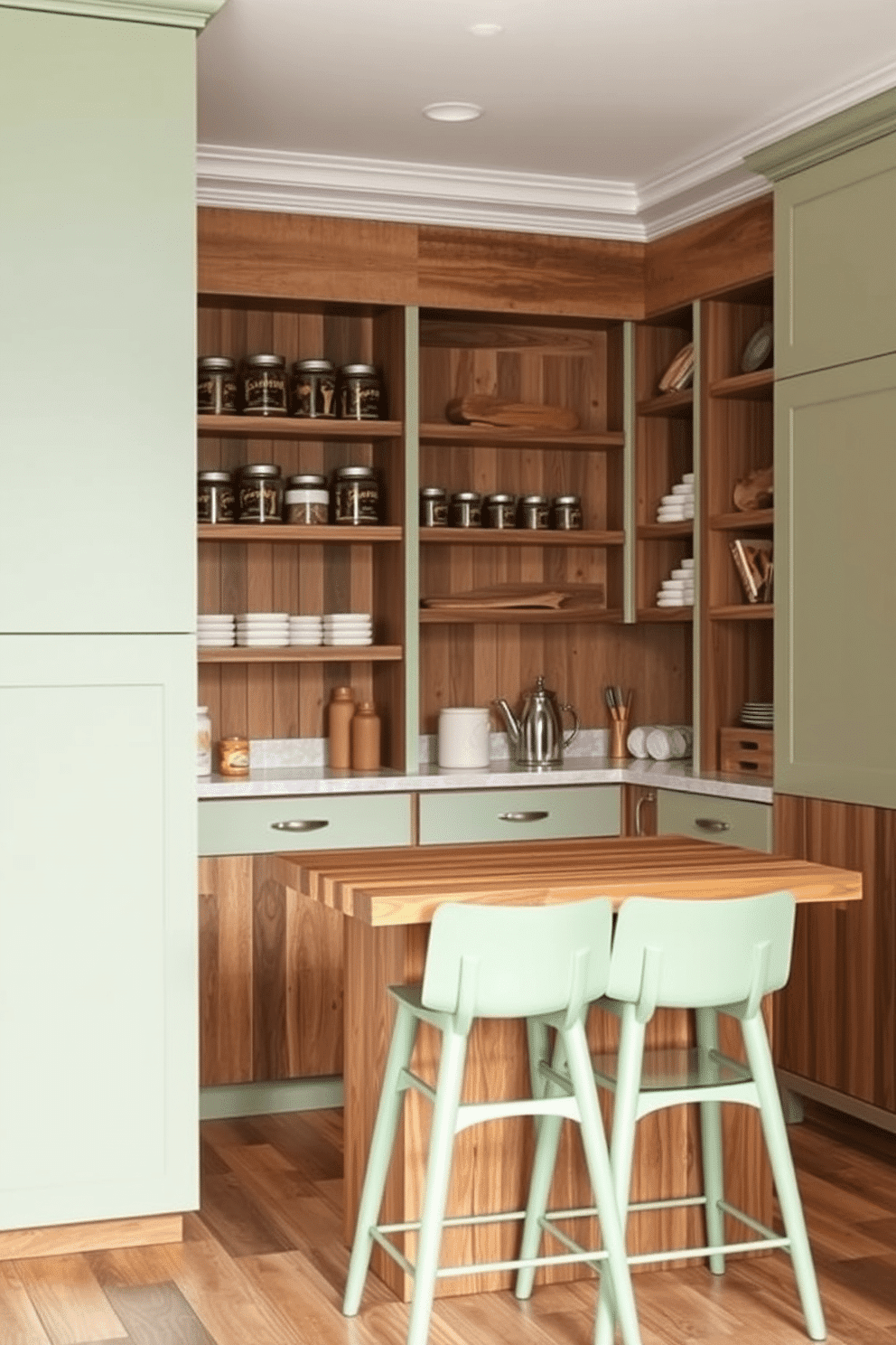 A modern pantry design featuring a two-tone color scheme of soft green and natural wood. The cabinetry showcases a rich wood finish on the lower half, while the upper cabinets are painted in a light, fresh green, creating a harmonious balance. The pantry includes open shelving made of reclaimed wood, displaying neatly organized jars and kitchen essentials. A rustic wooden island in the center provides additional storage and workspace, complemented by stylish bar stools in a matching green hue.