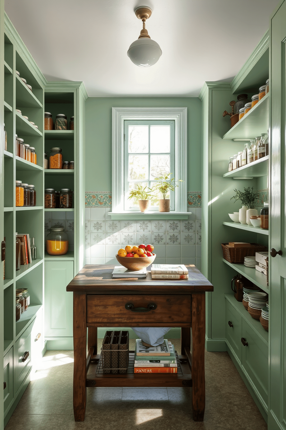 A pastel green pantry features decorative tiles that add a vibrant touch to the space. The shelves are neatly organized, showcasing an array of jars filled with colorful ingredients and herbs, enhancing the charming atmosphere. Natural light streams in through a small window, illuminating the soft green walls and creating a fresh and inviting environment. A rustic wooden table in the center serves as a workspace, adorned with a bowl of fresh fruits and a few cookbooks for inspiration.