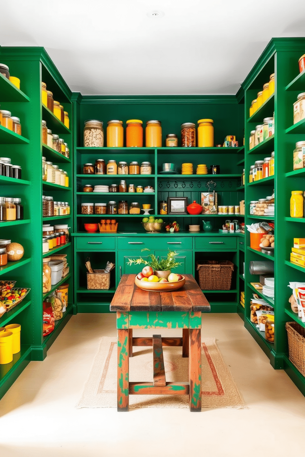 A vibrant green pantry filled with an array of colorful decor elements. Shelves are lined with jars of spices, grains, and snacks, all organized by color to create a visually appealing display. The walls are painted in a rich emerald green, complemented by bright accents like yellow and orange canisters. A rustic wooden table in the center holds a bowl of fresh fruits and a small potted plant, adding a touch of natural beauty.