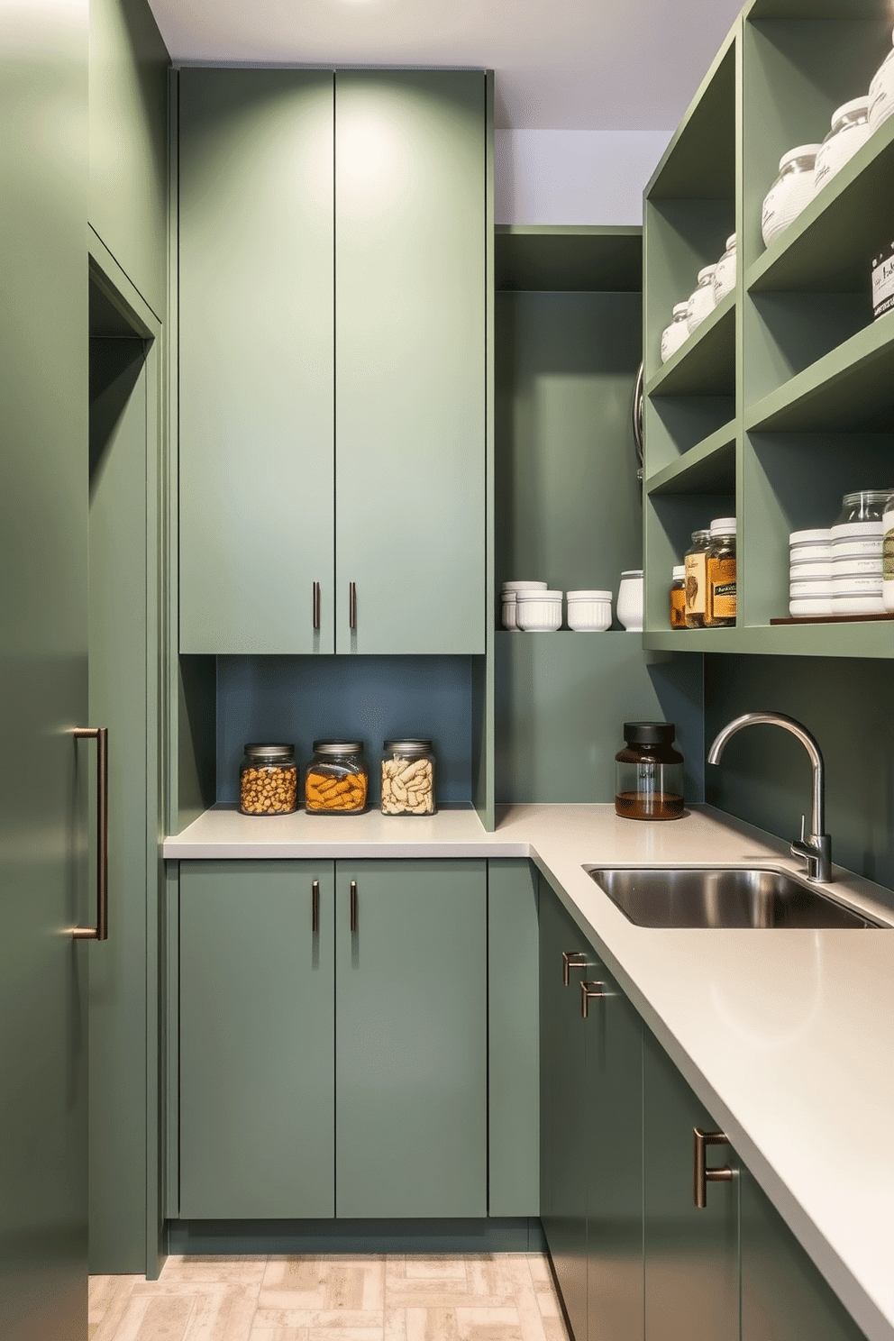 A sleek and modern pantry featuring matte green cabinetry that emphasizes minimalist design principles. The cabinetry is complemented by a seamless countertop, and open shelving showcases neatly arranged jars and kitchen essentials.