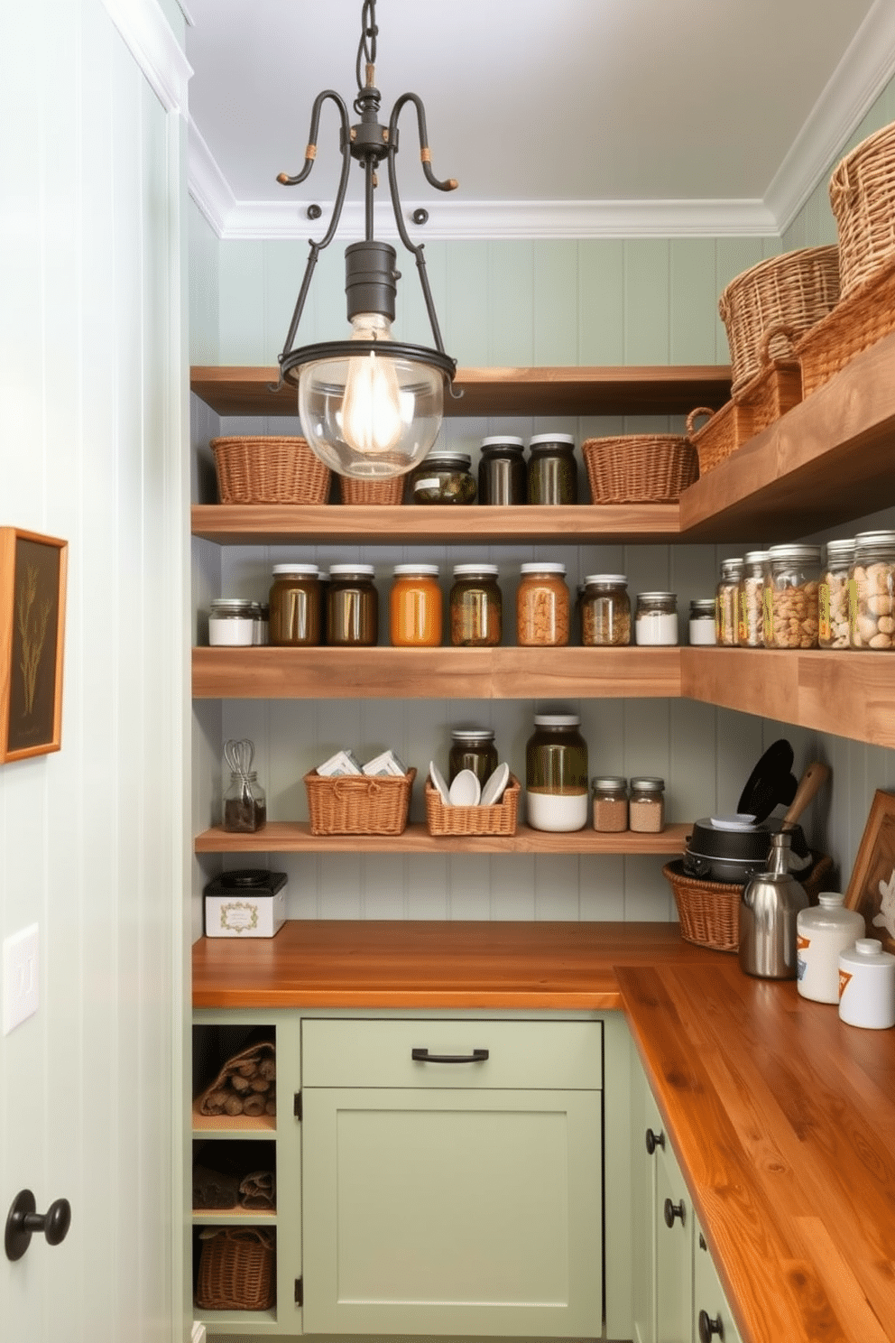 A light green pantry featuring natural wood accents creates a harmonious and inviting space. The shelves are made of reclaimed wood, displaying neatly organized jars and baskets filled with pantry essentials. The walls are painted in a soft light green, complemented by a wooden countertop that adds warmth to the design. A vintage-style light fixture hangs from the ceiling, illuminating the space and enhancing its rustic charm.