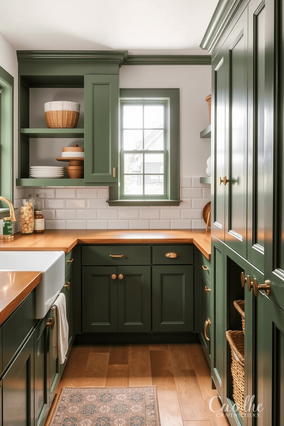 A classic kitchen featuring green shaker cabinets with brushed brass hardware. The cabinets are complemented by a white subway tile backsplash and a large farmhouse sink beneath a window that allows natural light to flood the space. A cozy pantry design showcasing green shaker cabinets with open shelving for easy access to ingredients. The pantry includes a wooden countertop for food prep and decorative baskets to keep items organized and visually appealing.