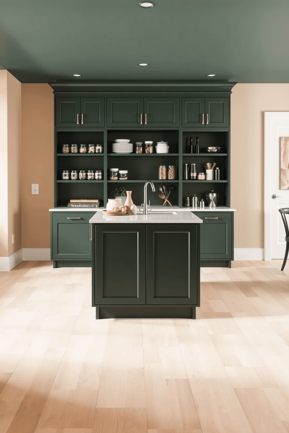 A contemporary dark green pantry island stands at the center of a spacious kitchen, featuring a sleek, minimalist design with clean lines. The island is topped with a white quartz countertop, providing a striking contrast that enhances the rich green hue of the cabinetry. Surrounding the pantry island are open shelves displaying neatly organized jars and utensils, adding both functionality and aesthetic appeal. The walls are adorned with subtle, earthy tones that complement the dark green, creating a harmonious and inviting atmosphere.