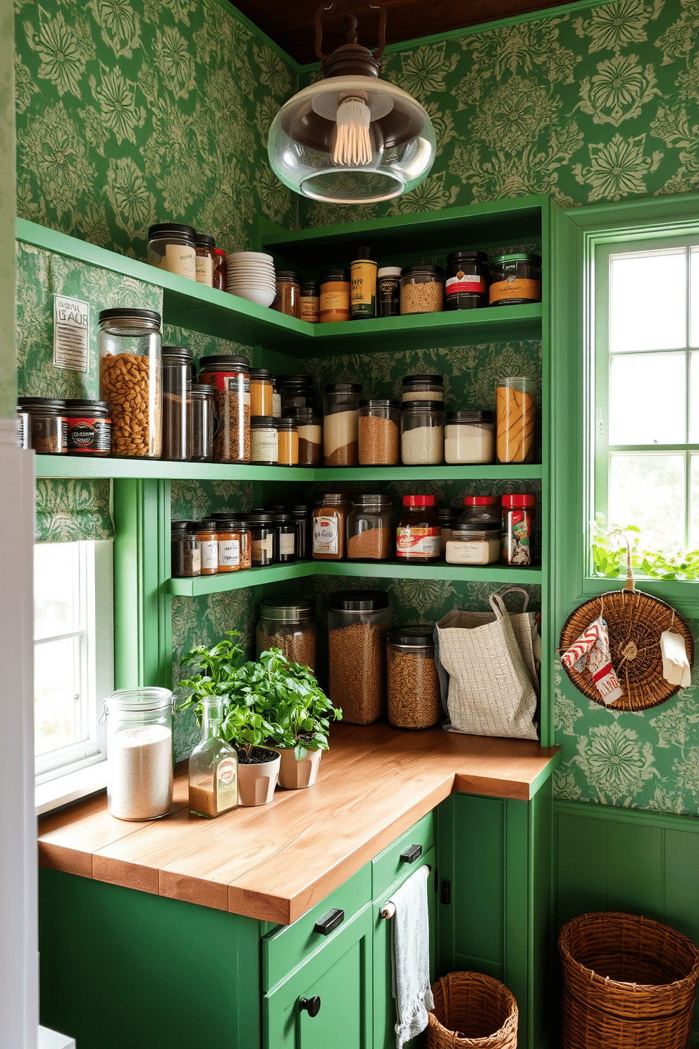 A vibrant green pantry featuring intricate patterned wallpaper that adds a touch of whimsy to the space. The shelves are filled with neatly organized jars and containers, showcasing a variety of dry goods and spices. A rustic wooden countertop provides a functional workspace, complemented by a vintage-style light fixture hanging above. Potted herbs on the windowsill add a fresh touch, while a woven basket in the corner offers storage for larger items.