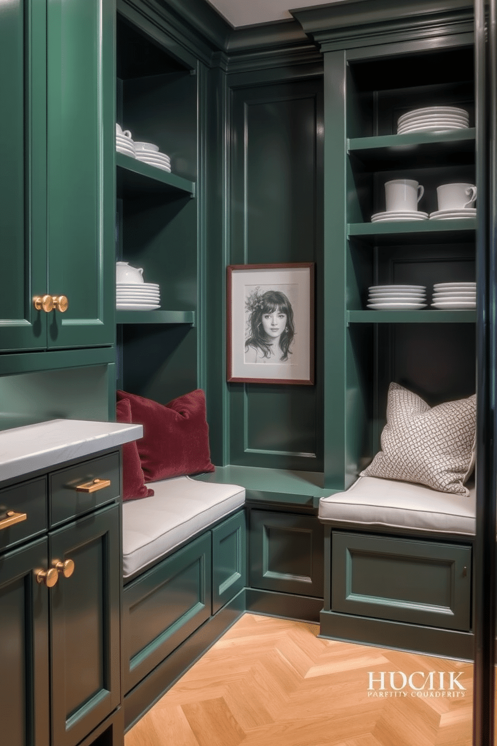 A stylish green pantry features built-in seating with plush cushions, creating a cozy nook for enjoying meals or snacks. The cabinetry is a rich forest green, complemented by brass hardware and open shelving displaying elegant dishware.