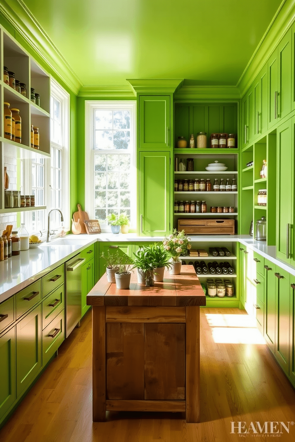 A bright green pantry features an open concept layout, seamlessly integrating with the kitchen space. The walls are adorned with vibrant green cabinetry, complemented by sleek white shelving that showcases neatly organized jars and spices. Natural light floods the area through large windows, enhancing the fresh, lively atmosphere. A rustic wooden island in the center provides additional storage and serves as a prep space, adorned with fresh herbs in decorative pots.