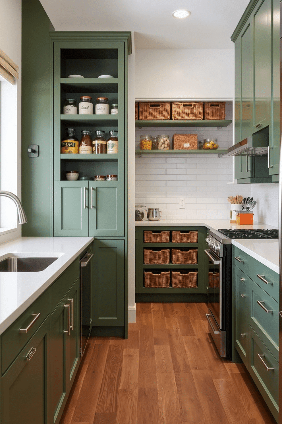 A modern kitchen featuring sleek green cabinetry with minimalist hardware and a smooth finish. The cabinetry is complemented by a white quartz countertop and stainless steel appliances, creating a fresh and contemporary look. A spacious pantry design showcasing green cabinetry that blends seamlessly with the kitchen decor. Open shelving above the cabinetry displays neatly organized jars and baskets, enhancing both functionality and style.