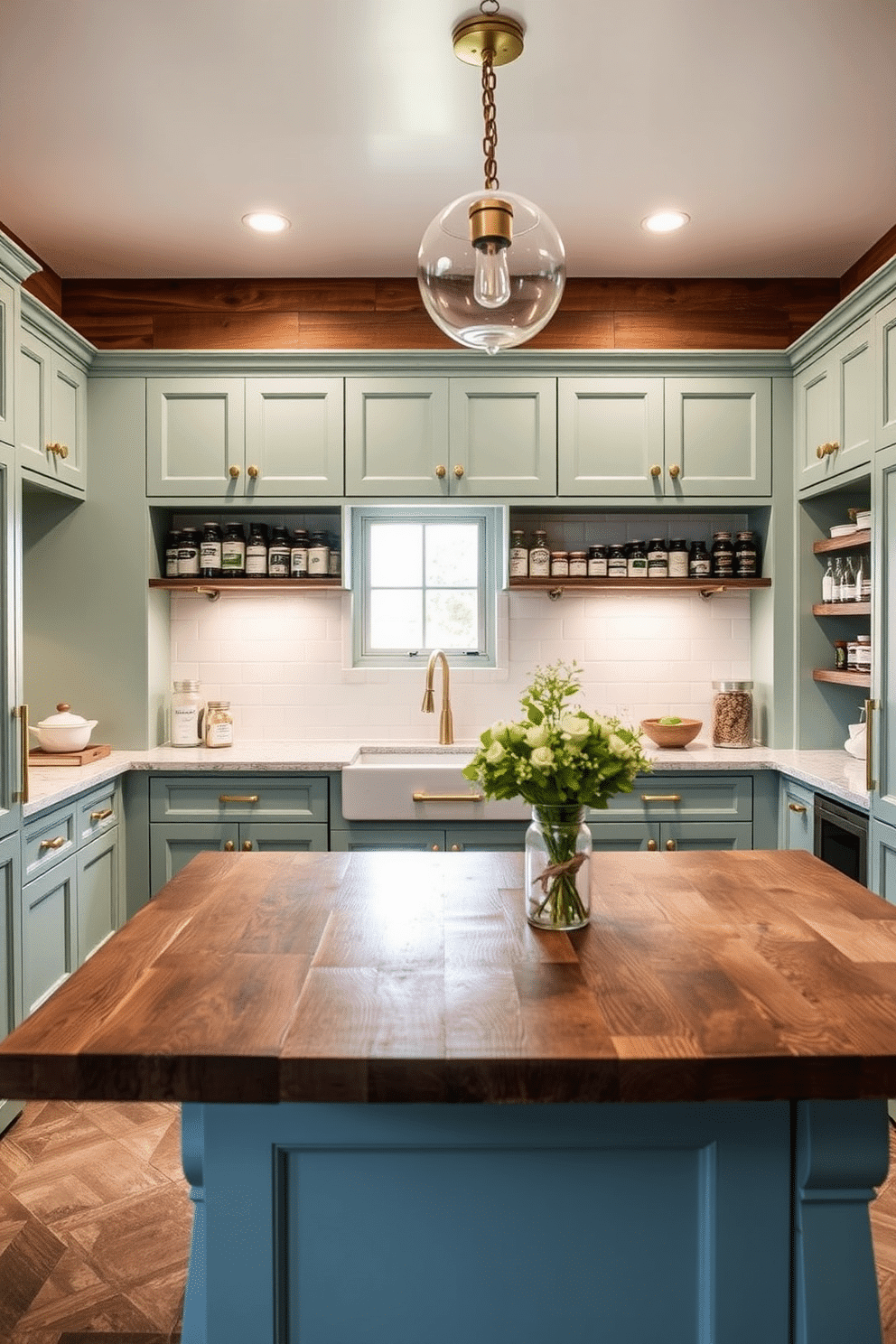 Elegant seafoam green cabinets line the walls of the pantry, complemented by brass fixtures that add a touch of sophistication. A large, rustic wooden island sits in the center, providing ample space for food preparation and storage. The pantry features open shelving made of reclaimed wood, showcasing neatly arranged jars and spices. Soft, ambient lighting illuminates the space, highlighting the elegant color palette and creating a warm, inviting atmosphere.