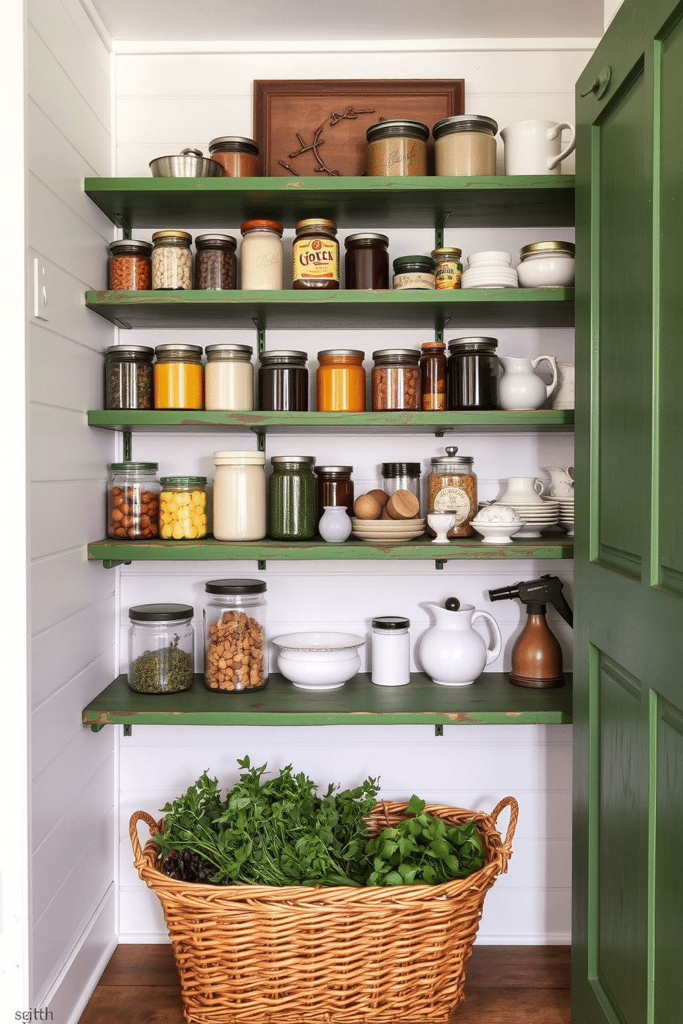 A rustic cottage-style pantry featuring open green shelves made of reclaimed wood, showcasing an array of colorful jars and vintage kitchenware. The walls are adorned with white shiplap, and a woven basket filled with fresh herbs sits on the bottom shelf, adding a touch of warmth and charm.