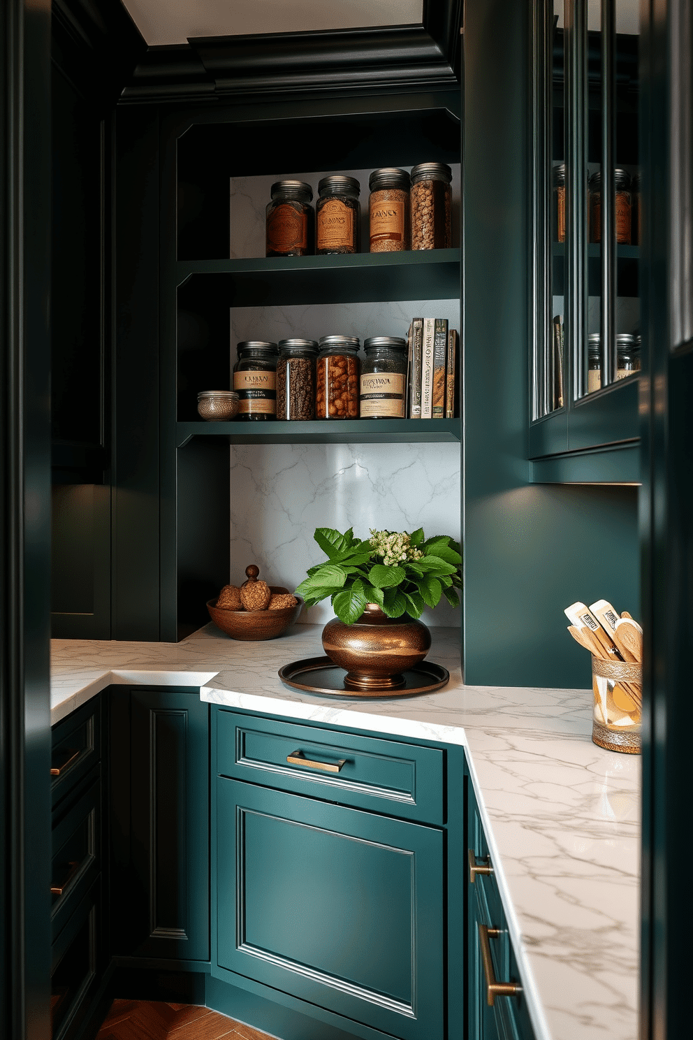 A sophisticated pantry design featuring deep dark green cabinetry that exudes elegance. The space is accented with stunning marble countertops that provide a luxurious contrast. Open shelving displays artisanal jars and cookbooks, while the rich green tones create a warm, inviting atmosphere. Thoughtful lighting highlights the marble's veining, enhancing the overall aesthetic of the pantry.