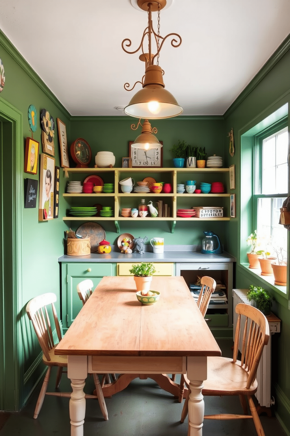 A whimsical green pantry filled with playful decor. The walls are painted in a vibrant shade of green, adorned with quirky wall art and open shelving displaying colorful dishware and fun kitchen gadgets. In the center, a vintage wooden table serves as a workspace, surrounded by mismatched chairs that add charm. Hanging from the ceiling are whimsical light fixtures, casting a warm glow over the space, while potted herbs on the windowsill bring a touch of nature indoors.