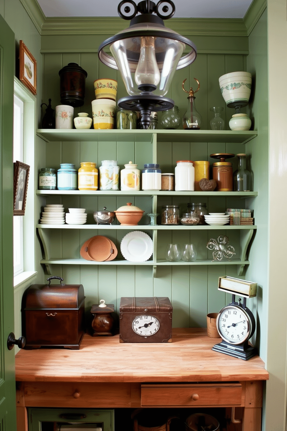 A charming green pantry filled with vintage-inspired accessories. The walls are painted a soft sage green, and open shelving displays an array of colorful ceramic jars and antique glassware. A rustic wooden countertop serves as a workspace, adorned with a classic bread box and a vintage scale. Above, a wrought iron light fixture casts a warm glow over the space, enhancing the nostalgic ambiance.