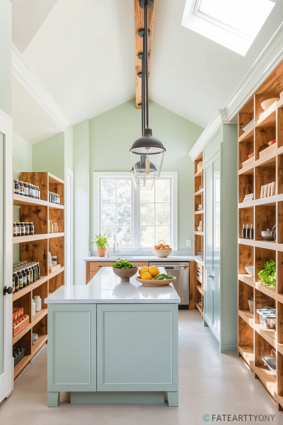 A bright and airy pantry featuring soft light green walls that enhance the natural light pouring in through large windows. The space is equipped with open shelving made of reclaimed wood, showcasing an organized display of jars and fresh produce. Ample lighting is provided by pendant lights with a modern design, hanging gracefully above a central island. The floor is adorned with light-colored tiles that complement the overall fresh aesthetic of the pantry.