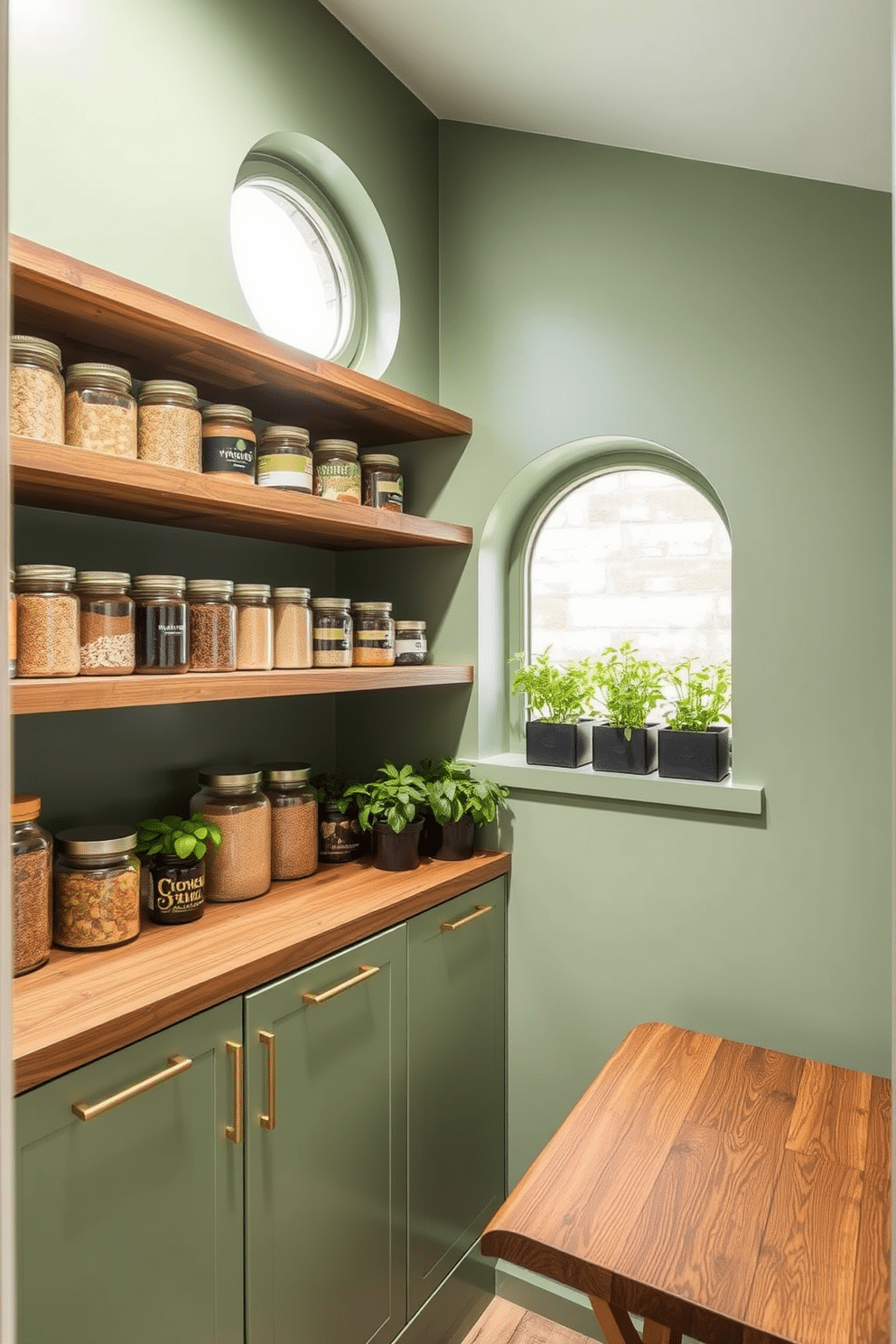 A compact green pantry designed for small spaces features sleek shelving made from reclaimed wood, showcasing an array of jars filled with colorful spices and grains. The walls are painted in a soft sage green, complemented by brass hardware and a small, round window that invites natural light. In this pantry, a foldable wooden table is tucked into the corner, providing an additional workspace when needed. Potted herbs line the windowsill, adding a touch of greenery and freshness to the overall design.