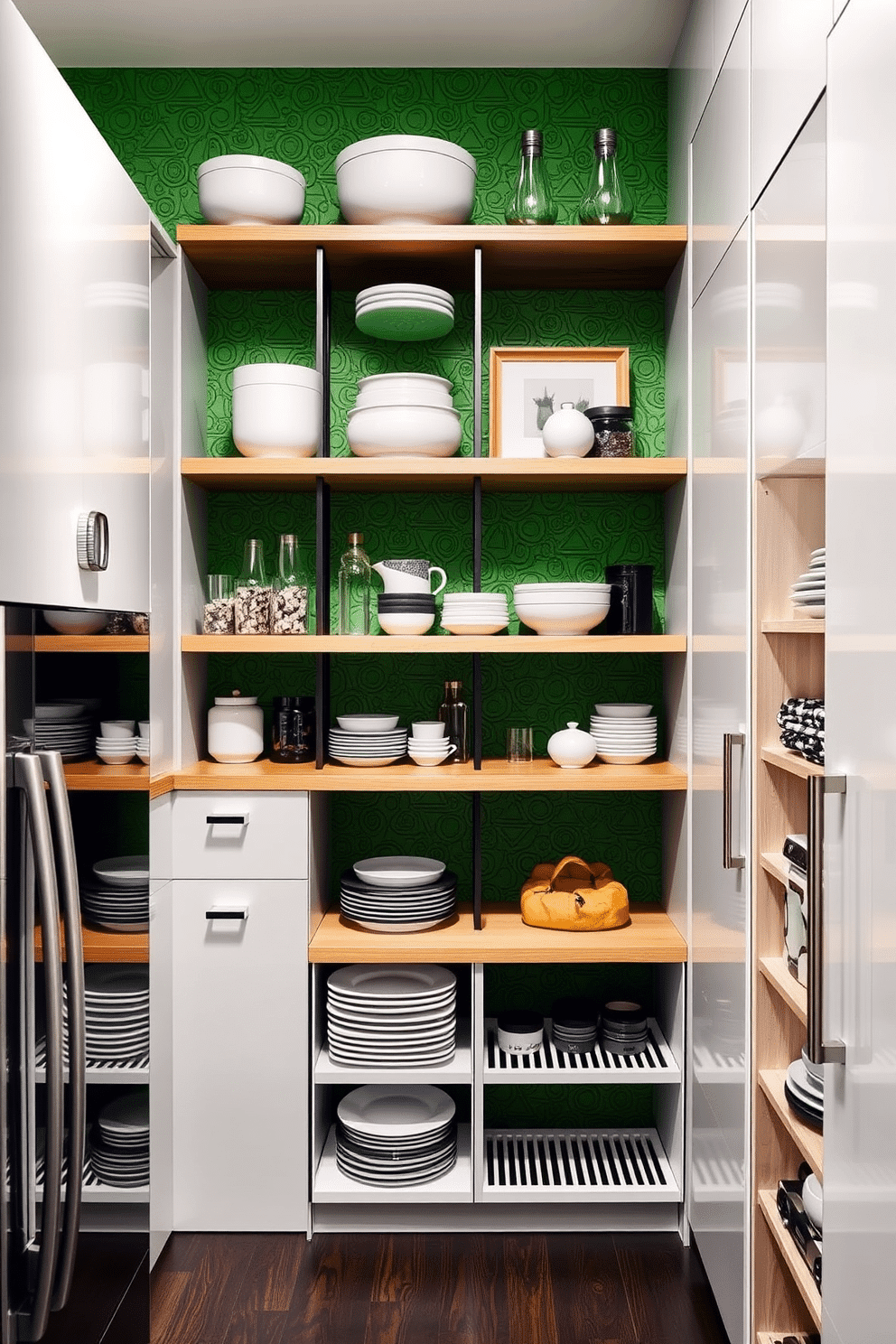 Textured green walls create a vibrant backdrop, adorned with stylish shelving units that showcase an array of kitchenware and decorative items. The pantry features a blend of open and closed storage, with natural wood accents and sleek, modern hardware to enhance its functionality and aesthetic appeal.