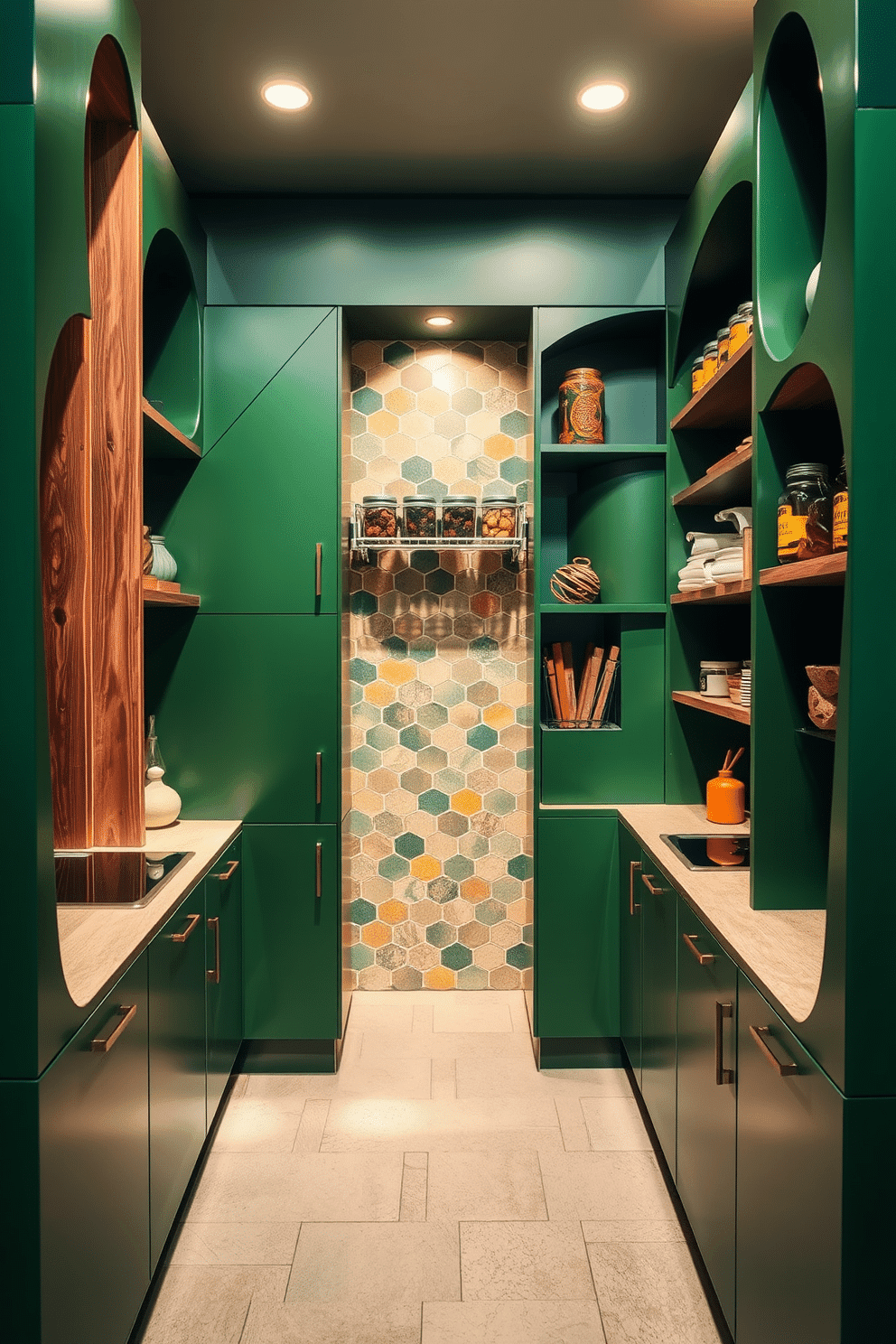 An artistic green pantry featuring unique shapes and vibrant textures. The cabinetry showcases asymmetrical designs with a mix of matte and glossy finishes, creating an eye-catching focal point. The walls are adorned with open shelving that displays an eclectic collection of jars and kitchenware. A bold, patterned backsplash adds a playful touch, while warm wooden accents provide a cozy contrast to the green tones.