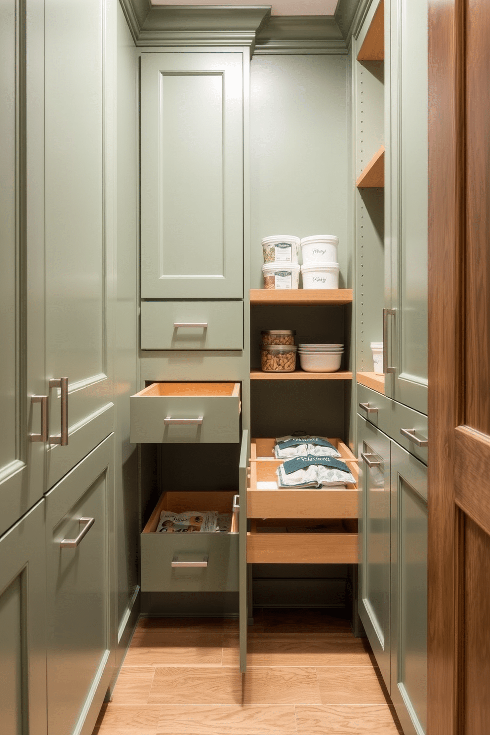 A functional green pantry featuring pull-out drawers that maximize storage efficiency and accessibility. The cabinetry is painted in a soft sage green, complemented by natural wood accents and sleek silver hardware.