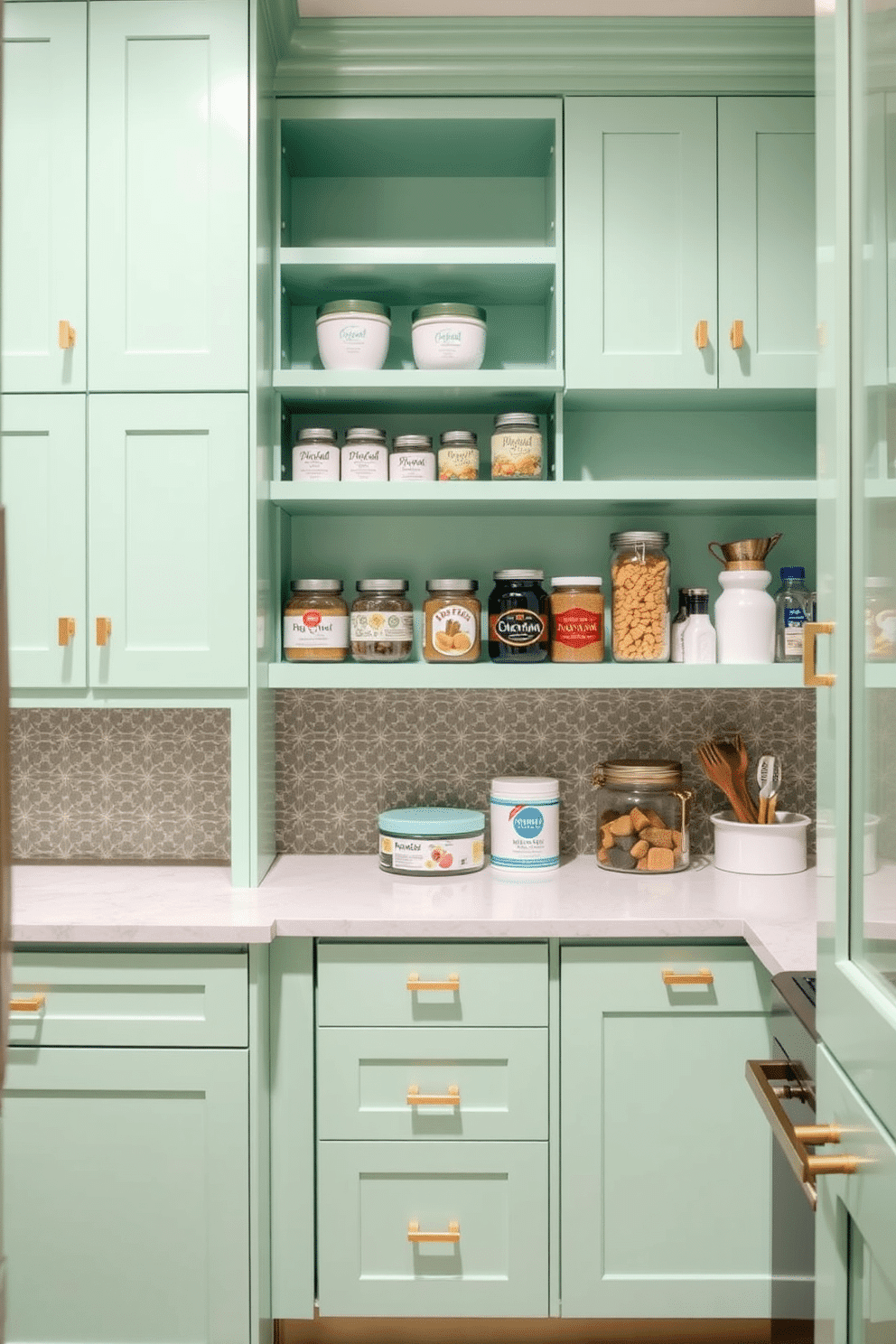 A bright mint green pantry features sleek cabinetry with gold hardware, creating a fresh and inviting atmosphere. Open shelving displays neatly organized jars and spices, while a patterned backsplash adds a playful touch to the overall design.