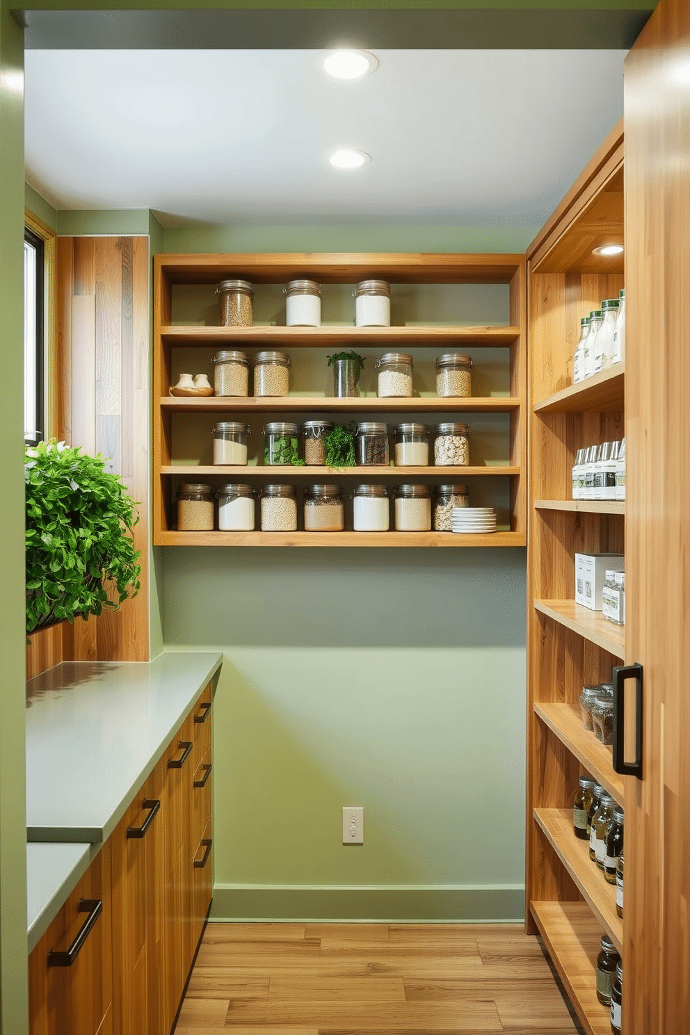 A modern eco-friendly pantry featuring reclaimed wood shelves and bamboo cabinetry. The walls are painted in a soft sage green, complemented by energy-efficient LED lighting that highlights the natural textures of the materials. Sustainable countertops made from recycled glass provide a sleek workspace, while a vertical garden of herbs adds a touch of nature. Open shelving displays glass jars filled with bulk grains and spices, promoting a minimalist and organized aesthetic.