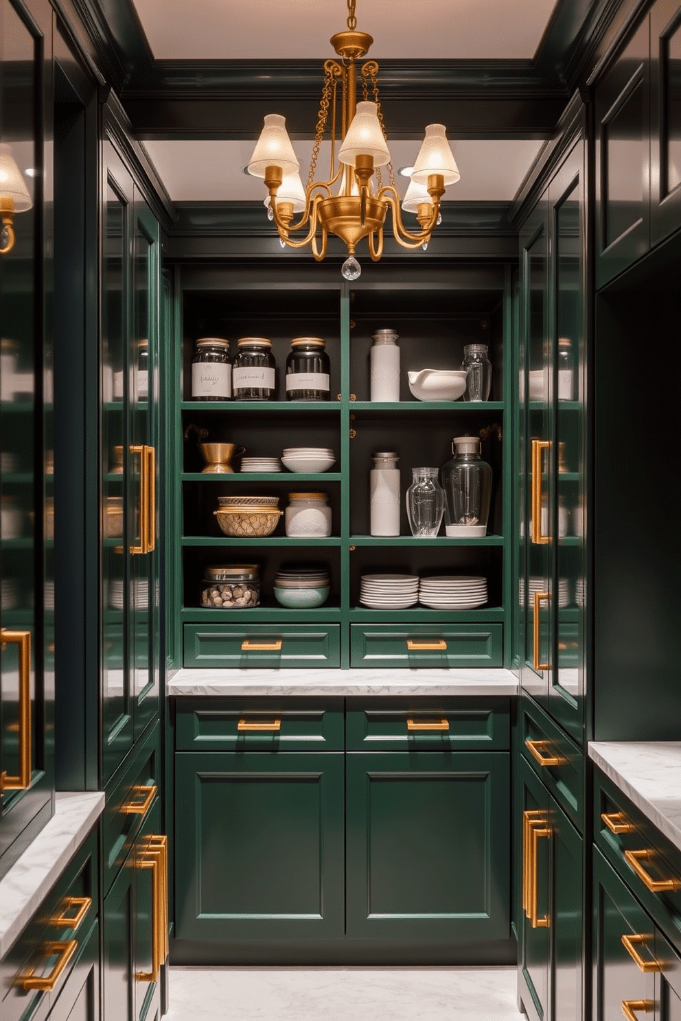 A deep forest green pantry with gold hardware creates an elegant and rich atmosphere. The cabinetry features sleek lines and a glossy finish, complemented by gold handles that add a touch of luxury. The pantry is organized with open shelving displaying artisanal jars and elegant dishware. A marble countertop provides a functional workspace, while a statement chandelier casts a warm glow over the space.