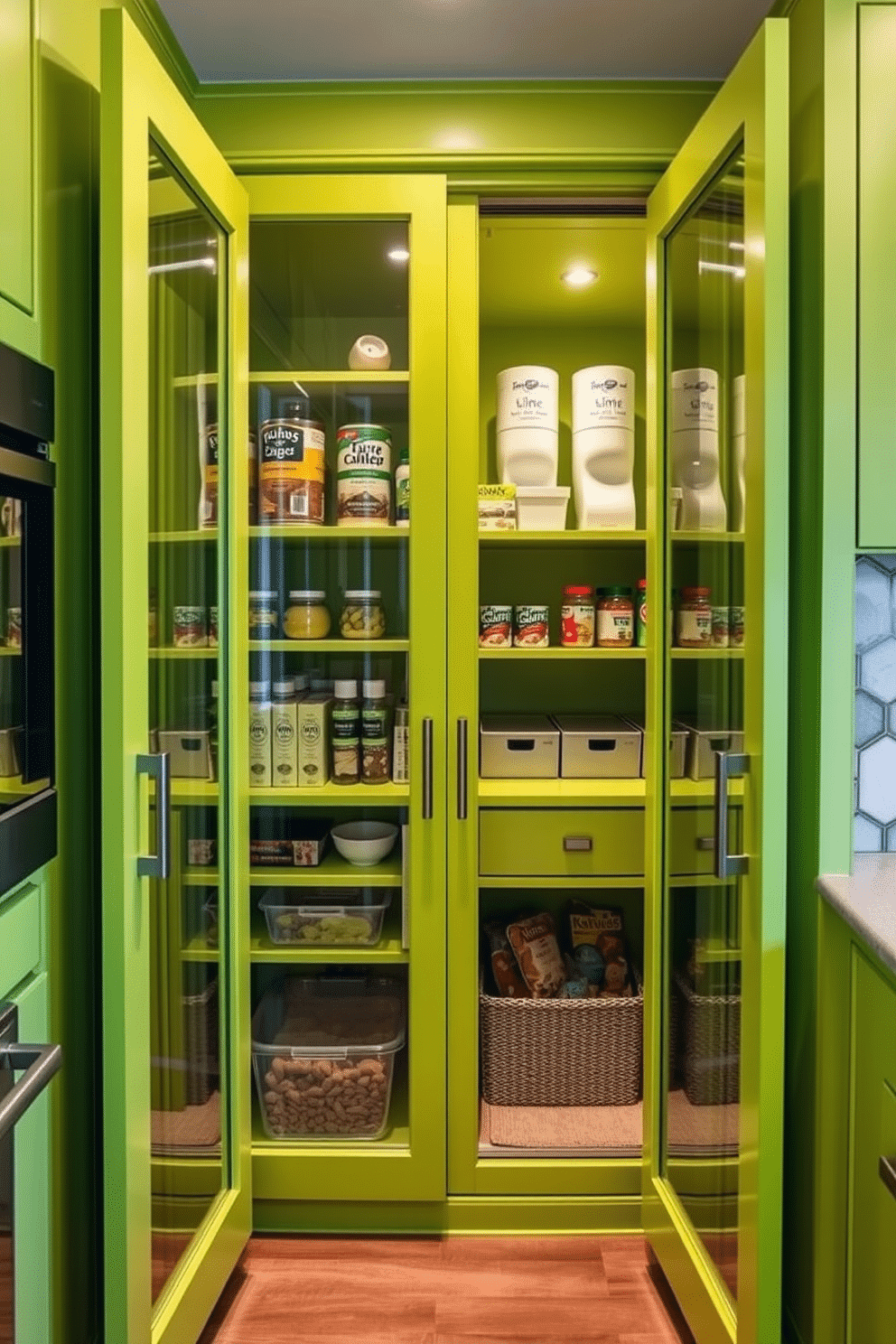 A vibrant lime green pantry features sleek glass doors that allow for easy visibility of the organized shelves inside. The interior is lined with custom cabinetry, showcasing a mix of open and closed storage options to keep essentials neatly tucked away. The walls are adorned with playful, geometric tiles that complement the bold color scheme, creating a lively atmosphere. Ambient lighting highlights the pantry's contents, making it not only functional but also a stylish focal point in the kitchen.