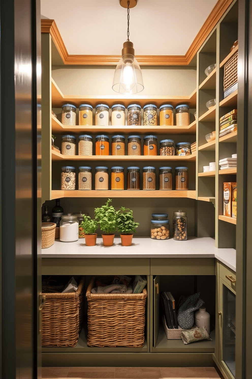 A chic olive green pantry features custom shelving that maximizes space, showcasing neatly arranged glass jars filled with grains and spices. The walls are painted in a soft olive hue, complemented by warm wooden accents and a stylish pendant light that illuminates the space beautifully. Beneath the shelves, a sleek countertop offers additional workspace, adorned with a small herb garden in terracotta pots for a touch of freshness. Stylish wicker baskets are used for storing snacks and other essentials, adding texture and warmth to the organized pantry.