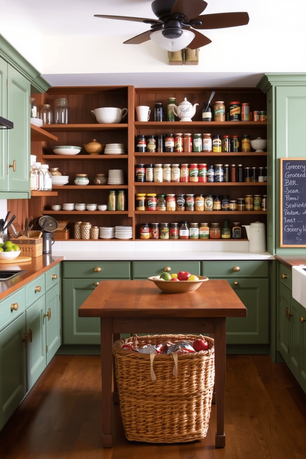 Vintage green cabinets with farmhouse charm create a warm and inviting atmosphere in the kitchen. The cabinets are adorned with antique brass hardware, complementing the rustic wooden shelves filled with mason jars and vintage dishware. In the pantry, open shelving displays an array of colorful spices and canned goods, adding a pop of color against the green backdrop. A farmhouse-style table sits in the center, surrounded by woven baskets for storage and a chalkboard for jotting down grocery lists.